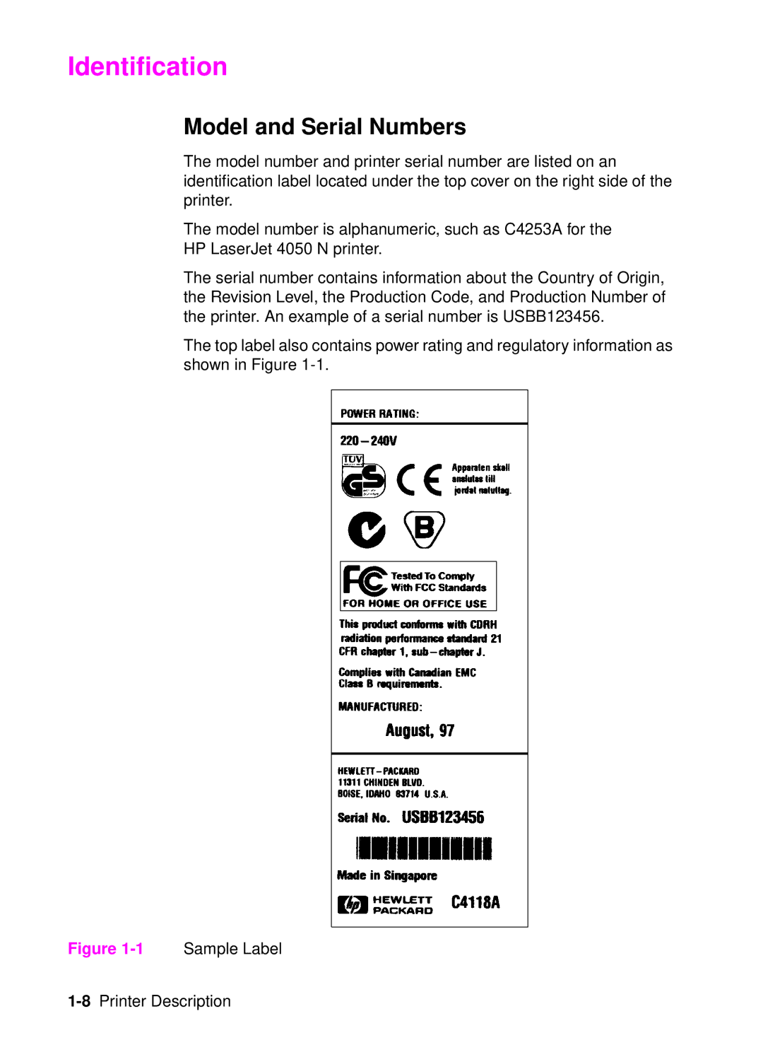 HP 4050, 4000 manual Identification, Model and Serial Numbers 