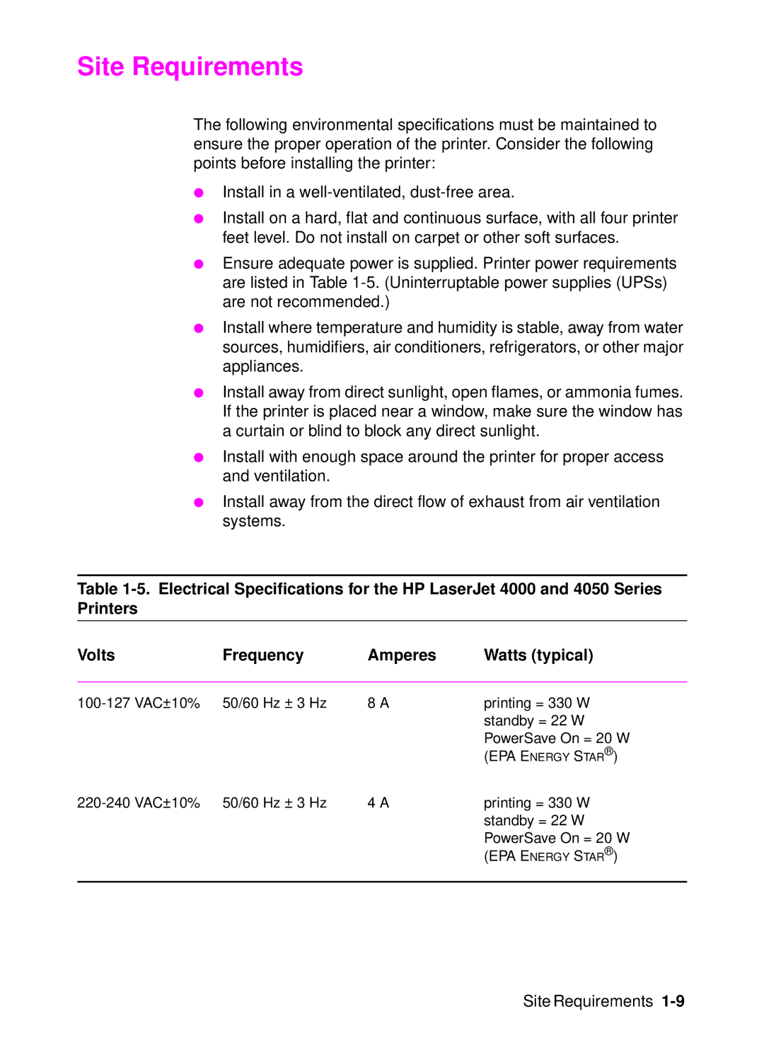 HP 4000, 4050 manual Site Requirements 