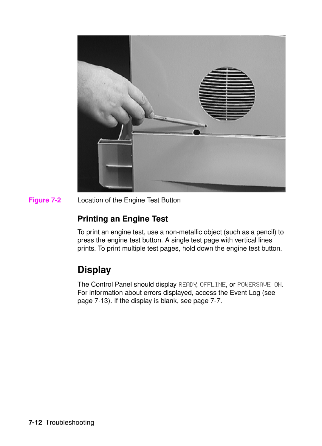 HP 4050, 4000 manual Display, Printing an Engine Test 