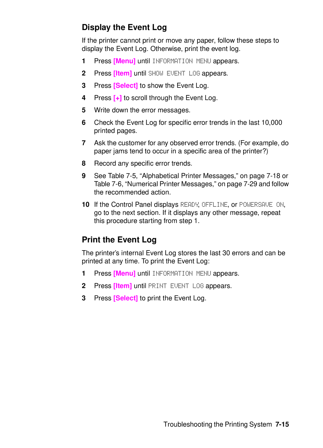 HP 4000, 4050 manual Display the Event Log, Print the Event Log 