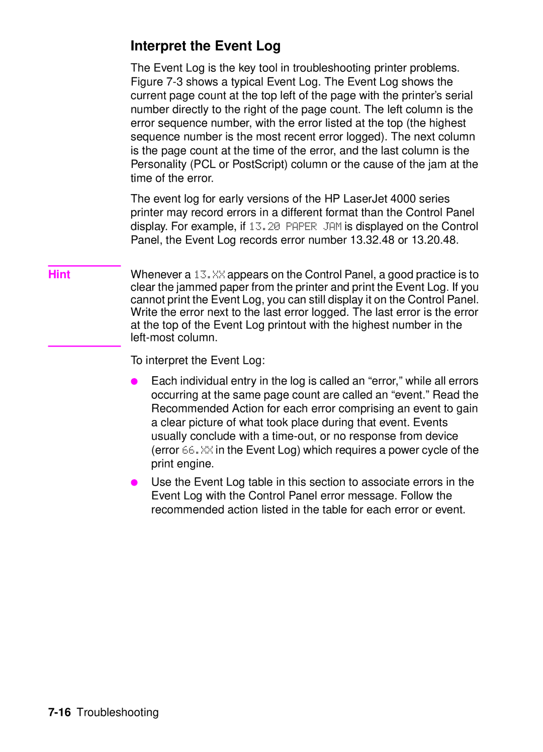 HP 4050, 4000 manual Interpret the Event Log, Shows a typical Event Log. The Event Log shows 