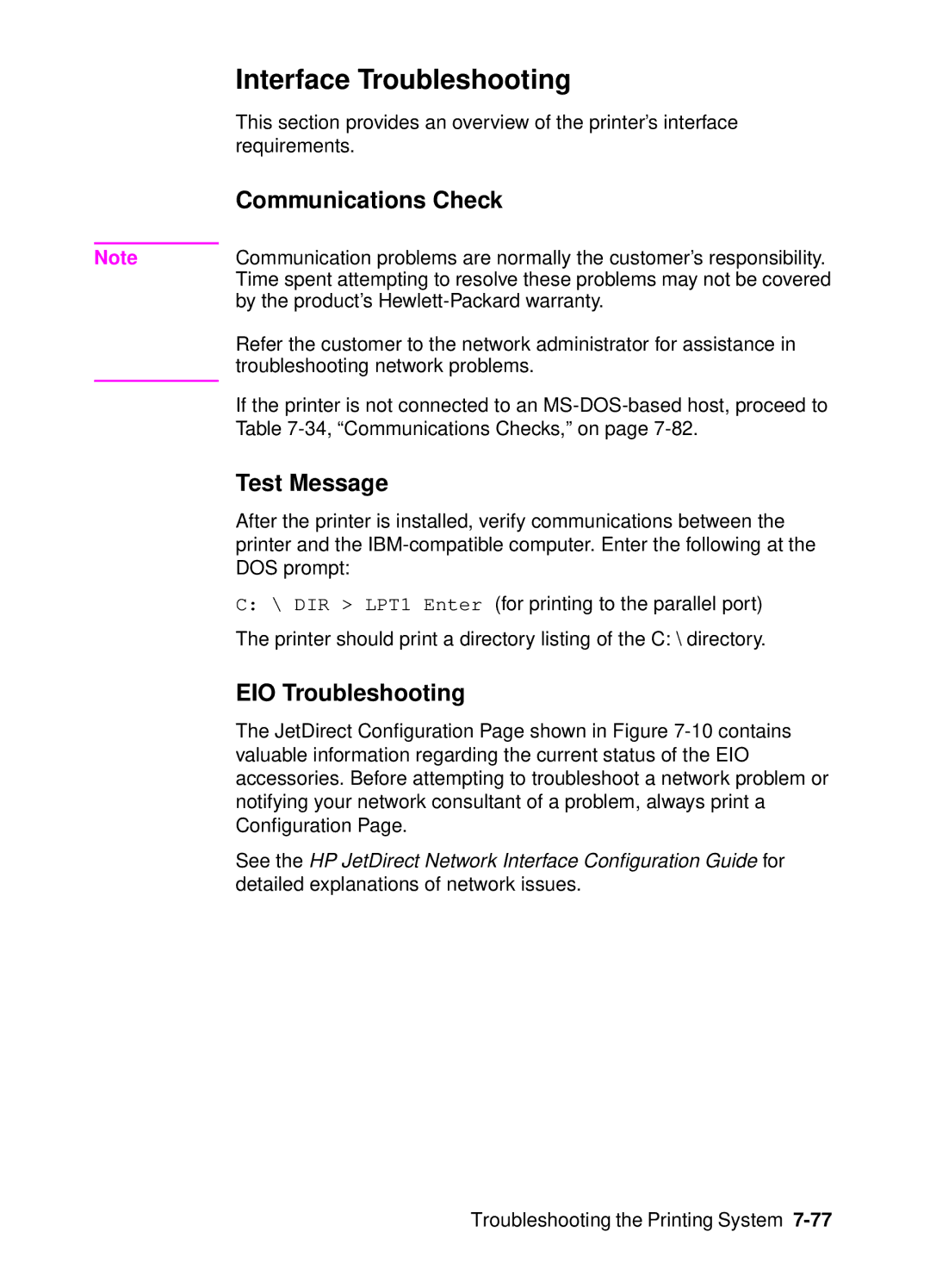 HP 4000, 4050 manual Interface Troubleshooting, Communications Check, Test Message, EIO Troubleshooting 