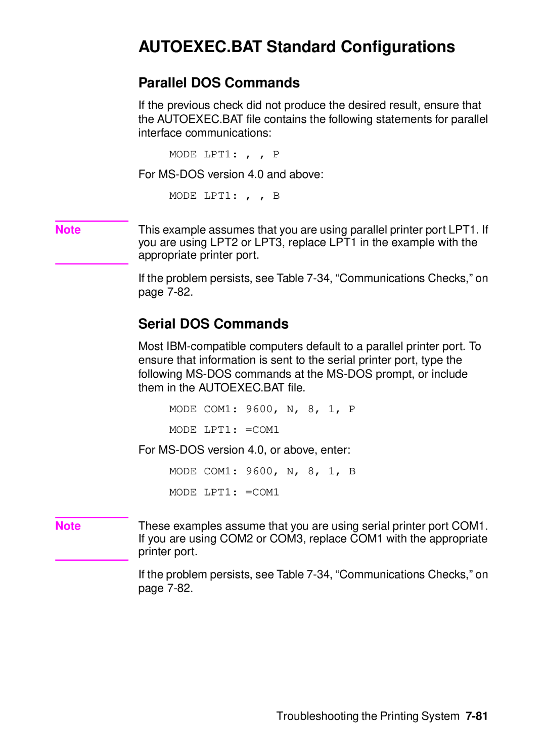 HP 4000, 4050 manual AUTOEXEC.BAT Standard Configurations, Parallel DOS Commands, Serial DOS Commands 