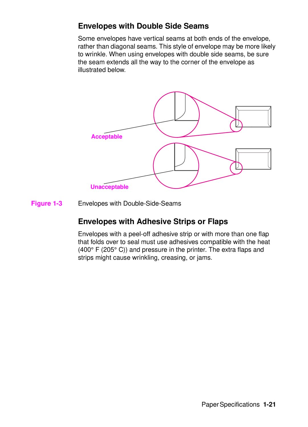 HP 4000, 4050 manual Envelopes with Double Side Seams, Envelopes with Adhesive Strips or Flaps 