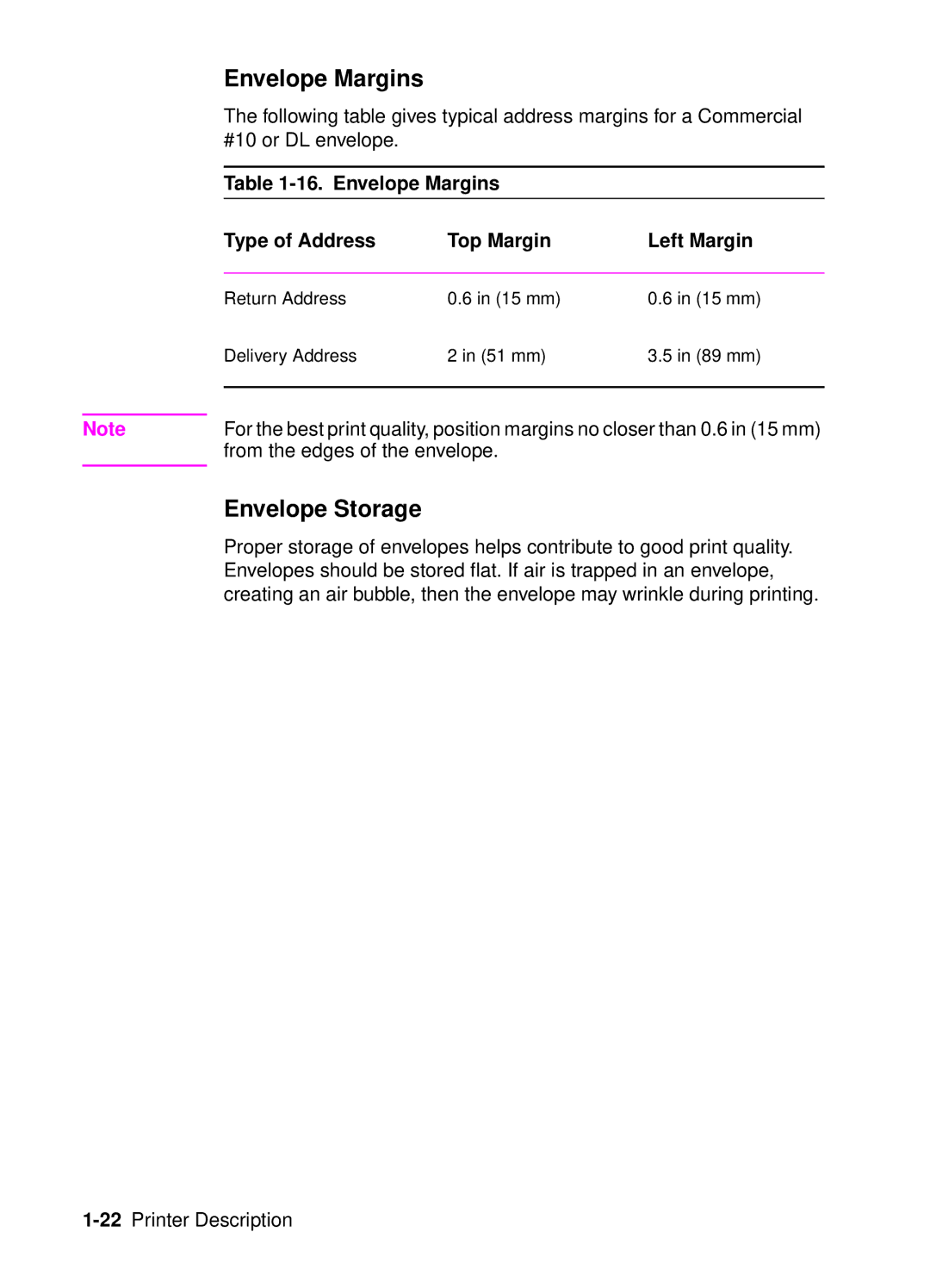 HP 4050, 4000 manual Envelope Storage, Envelope Margins Type of Address Top Margin Left Margin 