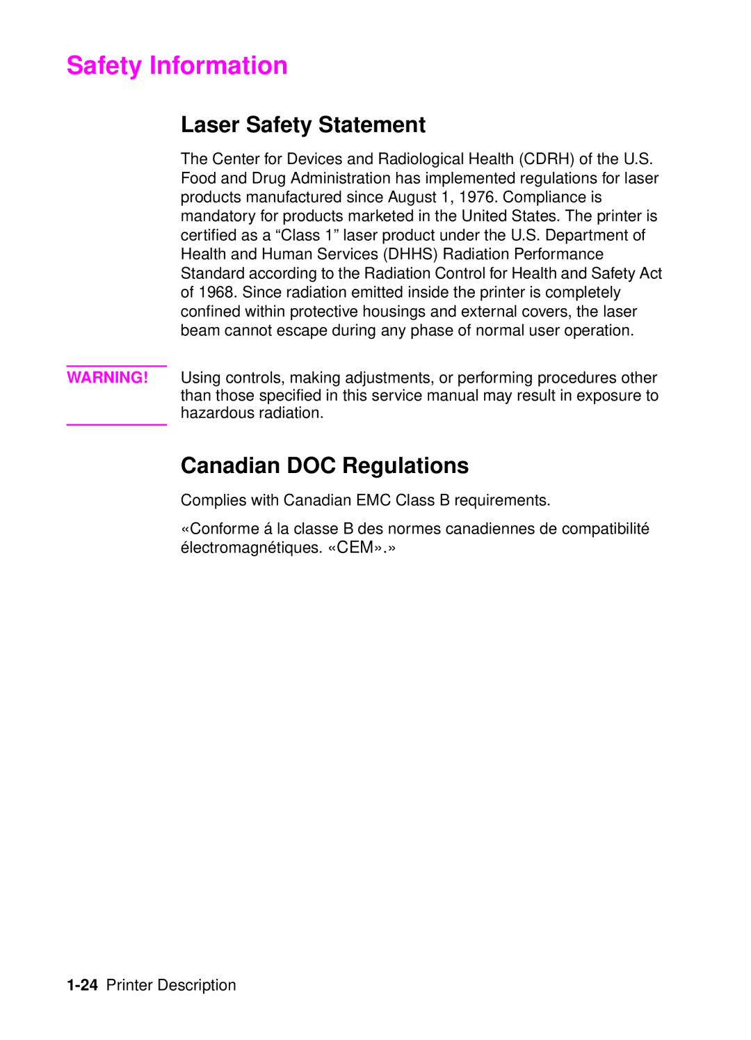 HP 4050, 4000 manual Safety Information, Laser Safety Statement, Canadian DOC Regulations 