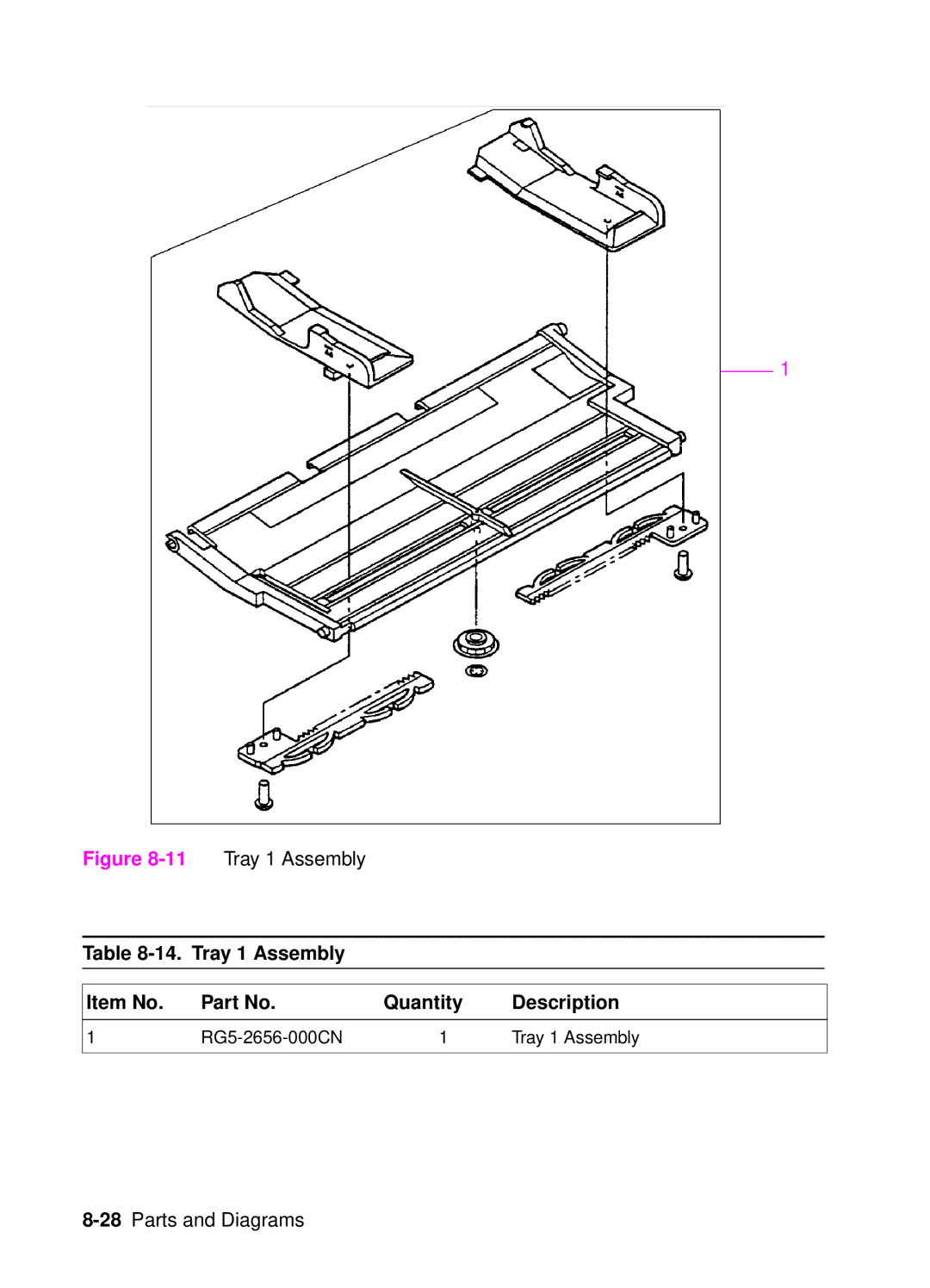 HP 4050, 4000 manual 11Tray 1 Assembly, Tray 1 Assembly Item No Quantity Description 