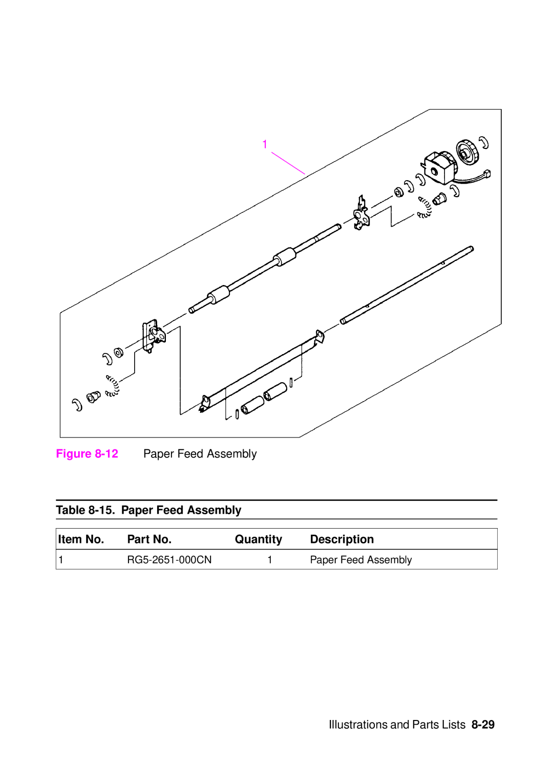 HP 4000, 4050 manual 12Paper Feed Assembly, Paper Feed Assembly Item No Quantity Description 