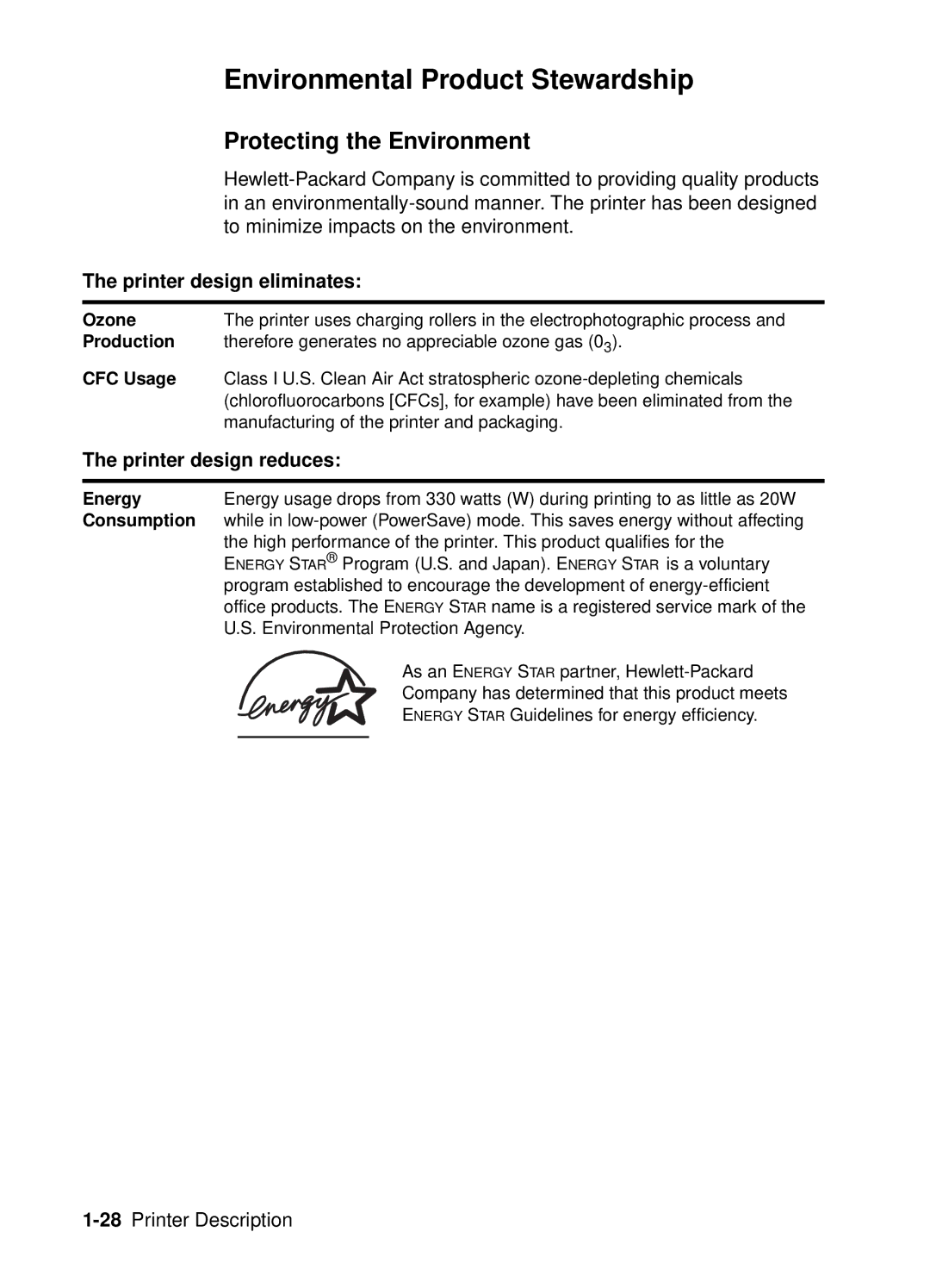 HP 4050 Environmental Product Stewardship, Protecting the Environment, Printer design eliminates, Printer design reduces 