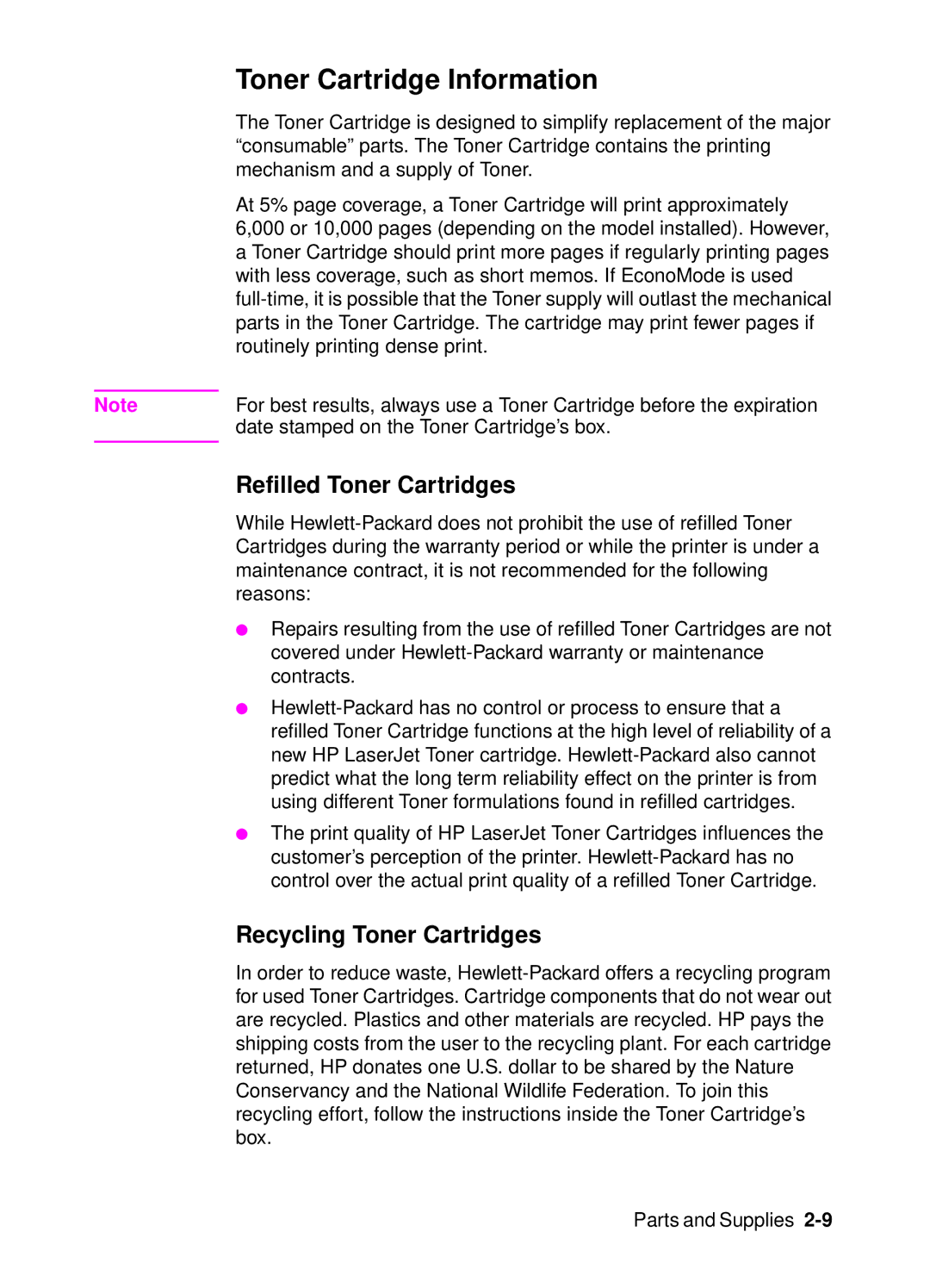 HP 4000, 4050 manual Toner Cartridge Information, Refilled Toner Cartridges, Recycling Toner Cartridges 