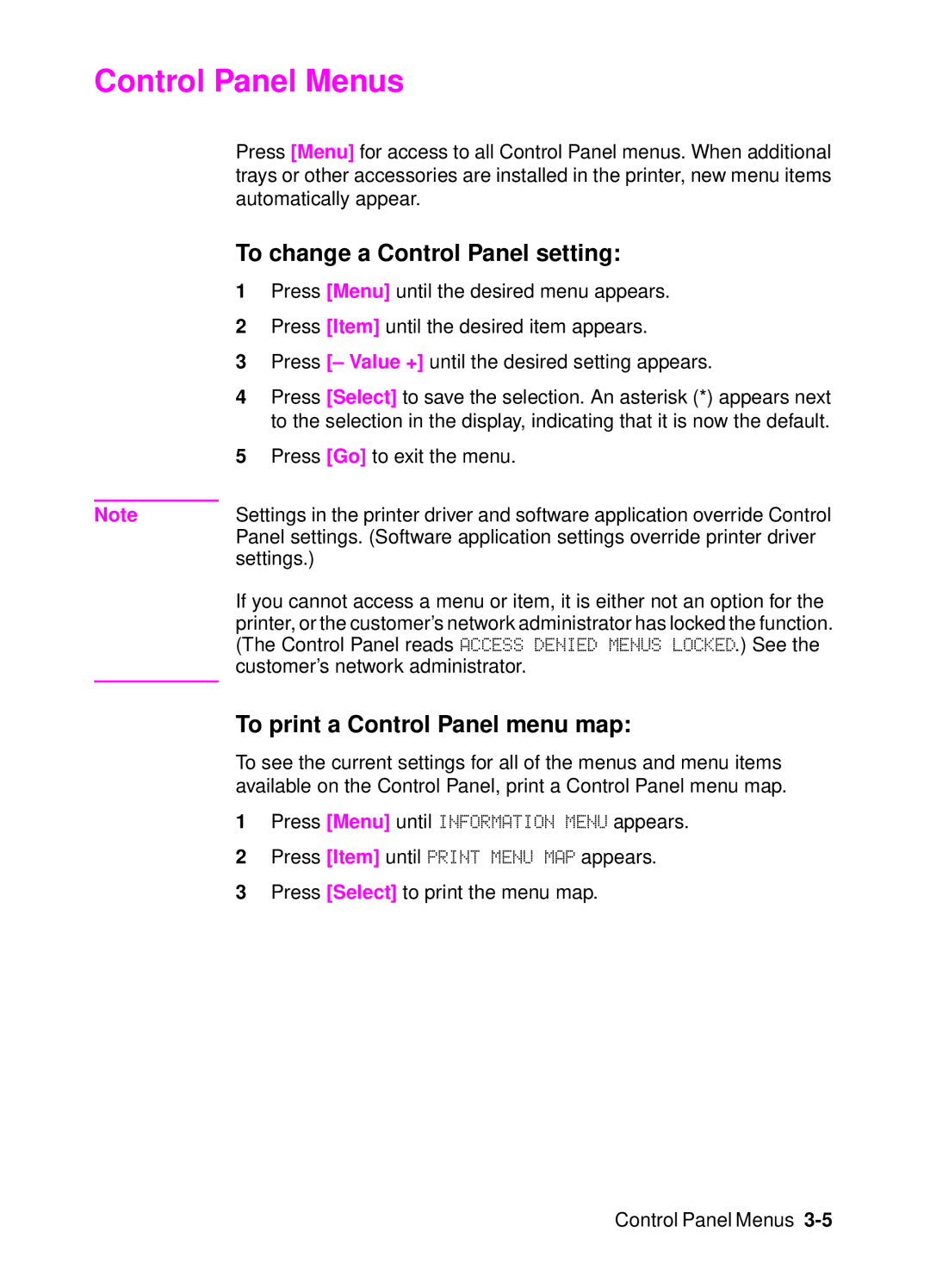 HP 4000, 4050 manual Control Panel Menus, To change a Control Panel setting, To print a Control Panel menu map 