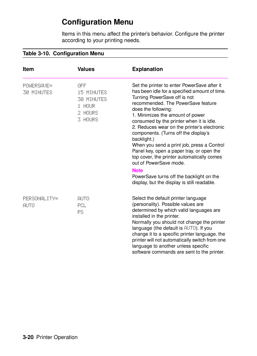 HP 4050, 4000 manual Configuration Menu 