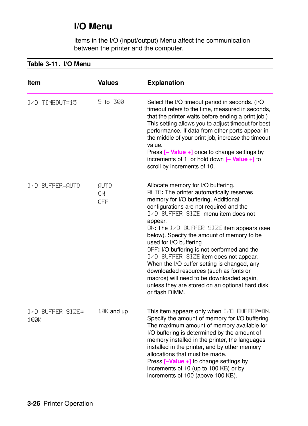 HP 4050, 4000 manual TIMEOUT=15, BUFFER=AUTO Auto, Buffer SIZE=, 11. I/O Menu Values Explanation 