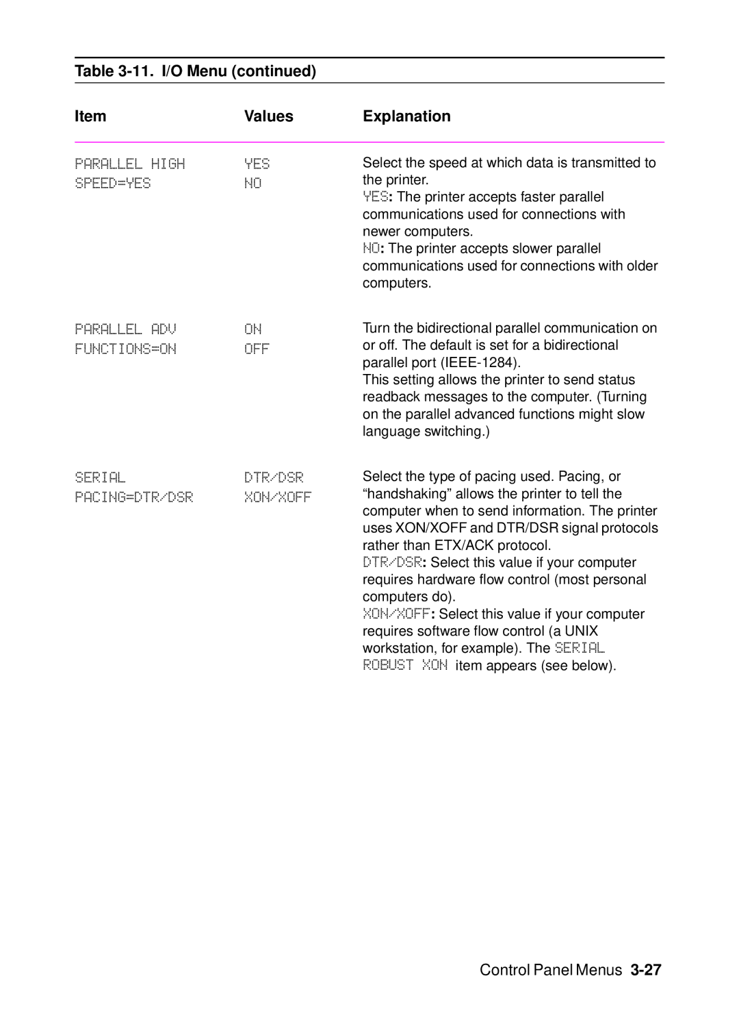 HP 4000 Parallel High, Speed=Yes, Parallel ADV FUNCTIONS=ON, Serialdtr/Dsr Pacing=Dtr/Dsr Xon/Xoff, 11. I/O Menu Values 