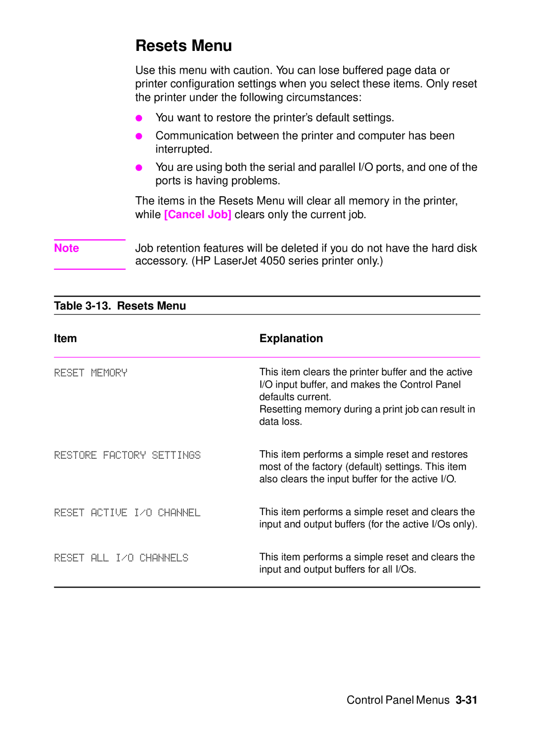 HP 4000 manual Resets Menu, Accessory. HP LaserJet 4050 series printer only 