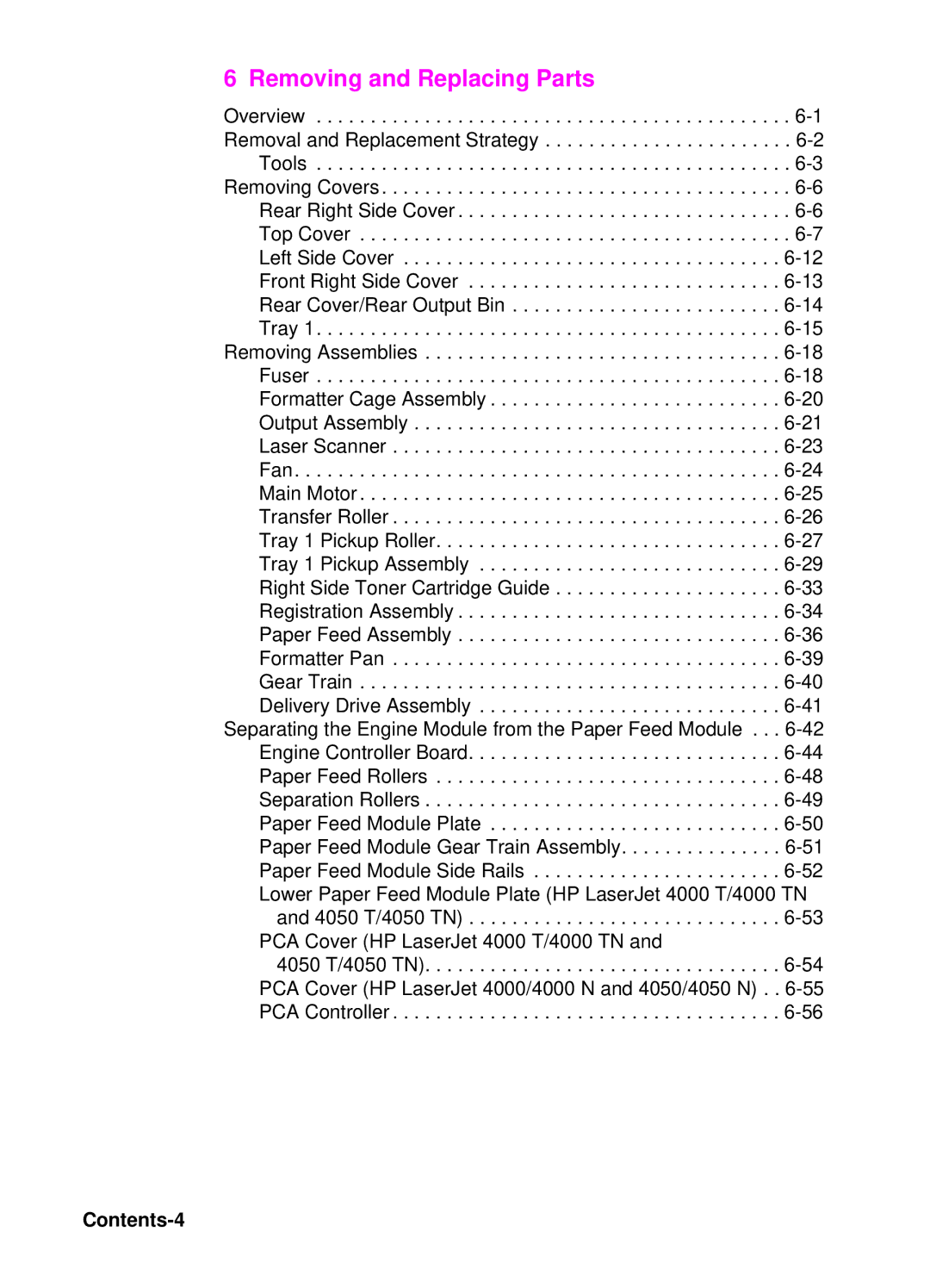 HP 4050, 4000 manual Removing and Replacing Parts, Contents-4 