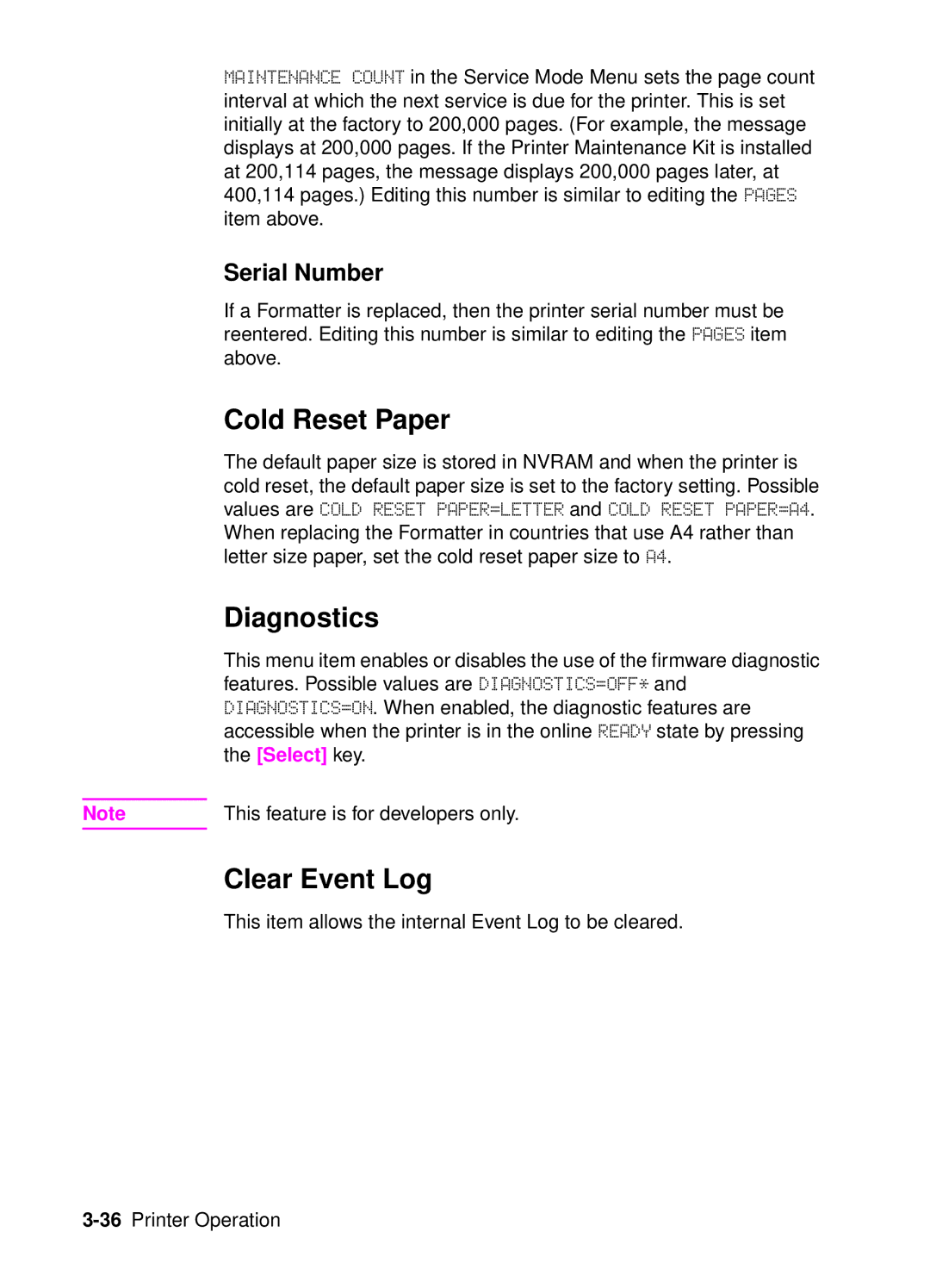 HP 4050, 4000 manual Cold Reset Paper, Diagnostics, Clear Event Log, Serial Number 