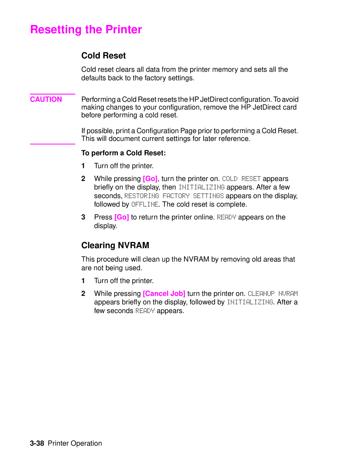 HP 4050, 4000 manual Resetting the Printer, Clearing Nvram, To perform a Cold Reset 