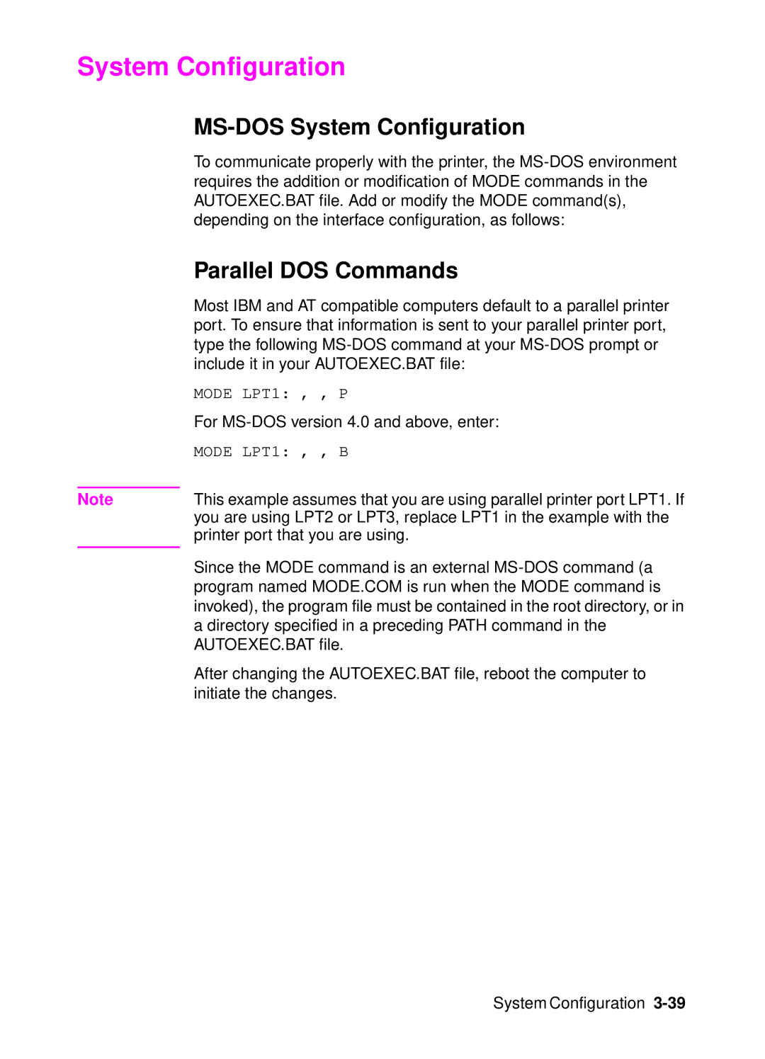 HP 4000, 4050 manual MS-DOS System Configuration, Parallel DOS Commands 