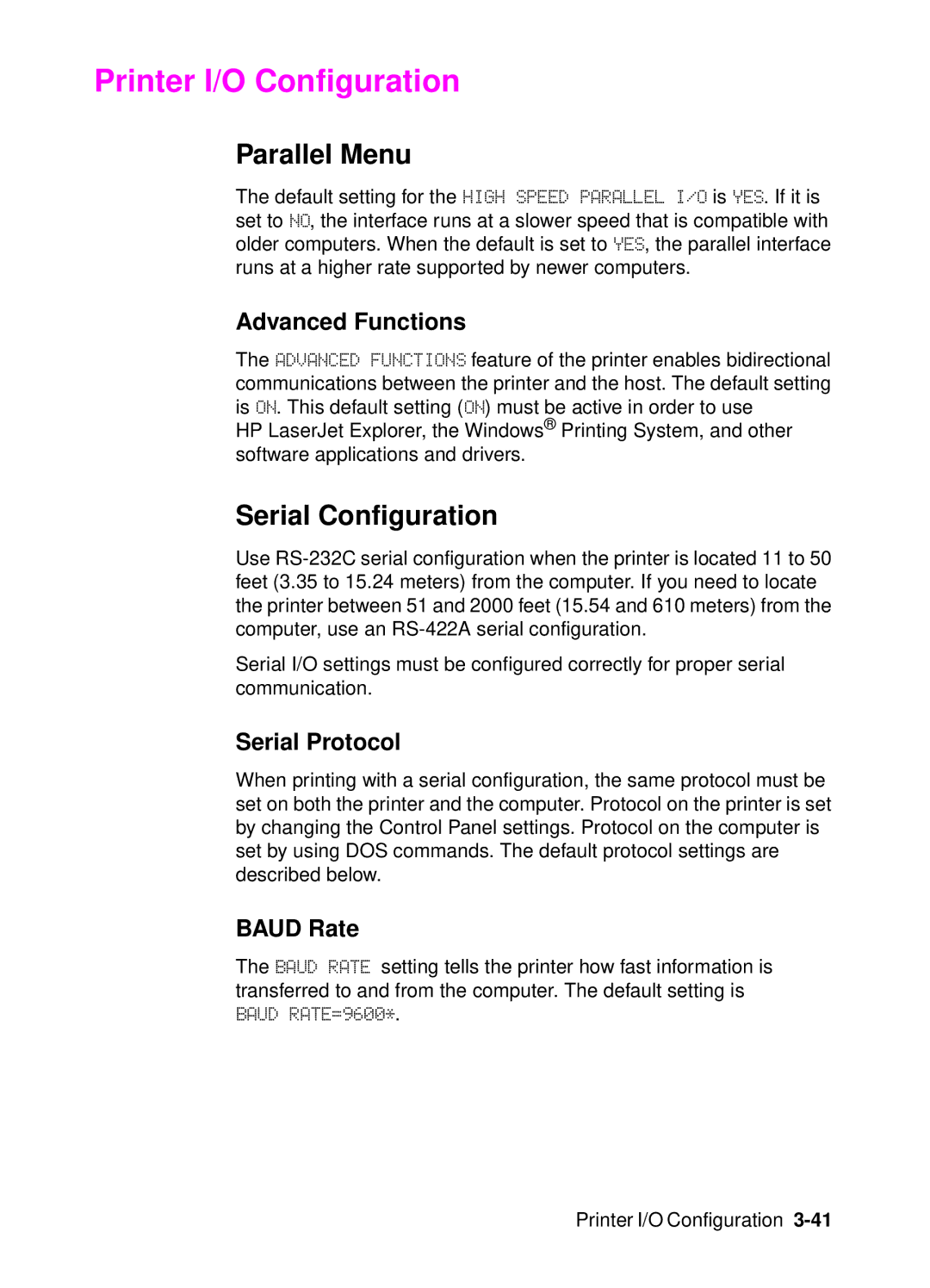 HP 4000, 4050 manual Printer I/O Configuration, Parallel Menu, Serial Configuration 