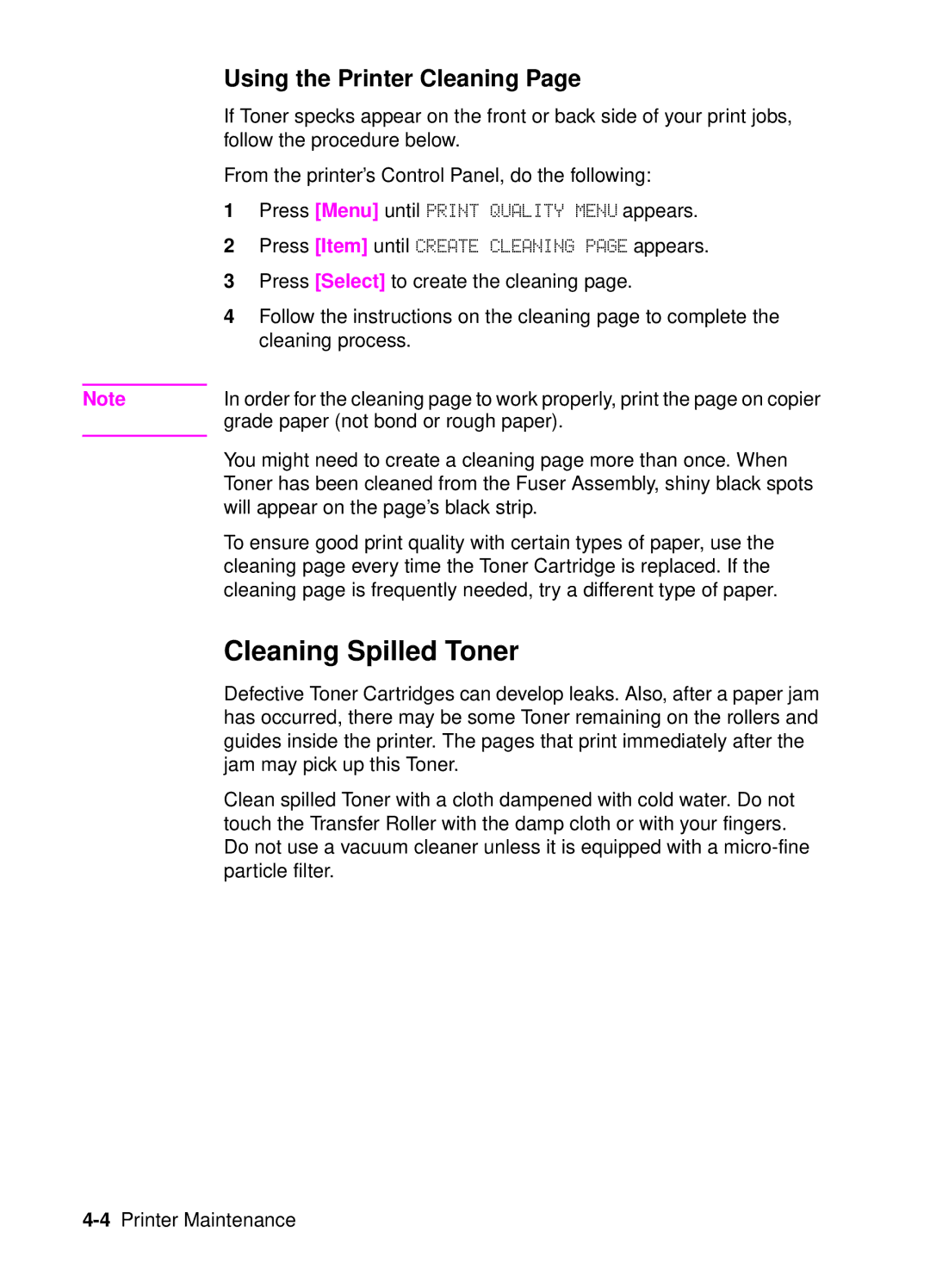 HP 4050, 4000 manual Cleaning Spilled Toner, Using the Printer Cleaning 