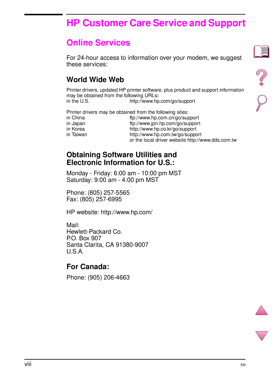 HP 4050 manual HP Customer Care Service and Support, Online Services, World Wide Web, For Canada 