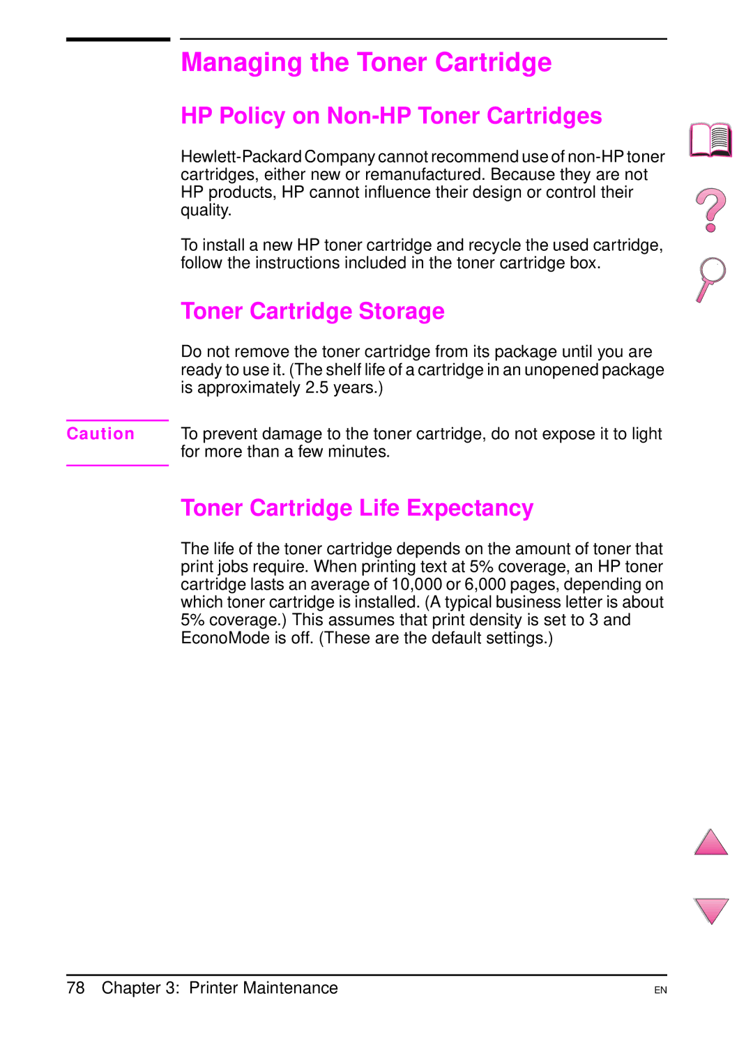 HP 4050 manual Managing the Toner Cartridge, HP Policy on Non-HP Toner Cartridges, Toner Cartridge Storage 