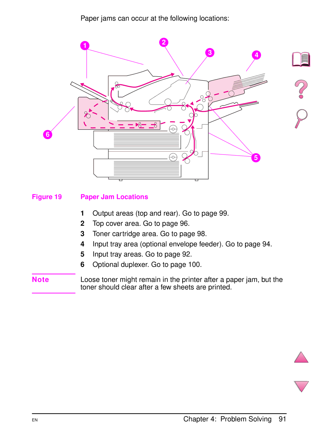 HP 4050 manual Paper jams can occur at the following locations, Output areas top and rear. Go to, Top cover area. Go to 