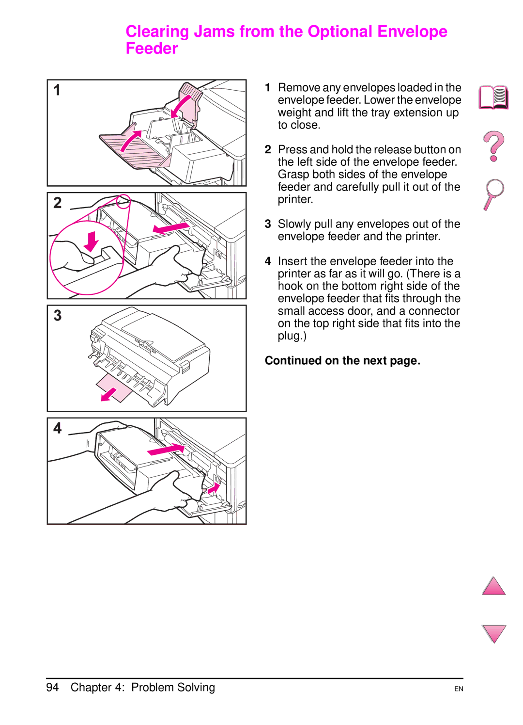 HP 4050 manual Clearing Jams from the Optional Envelope Feeder 