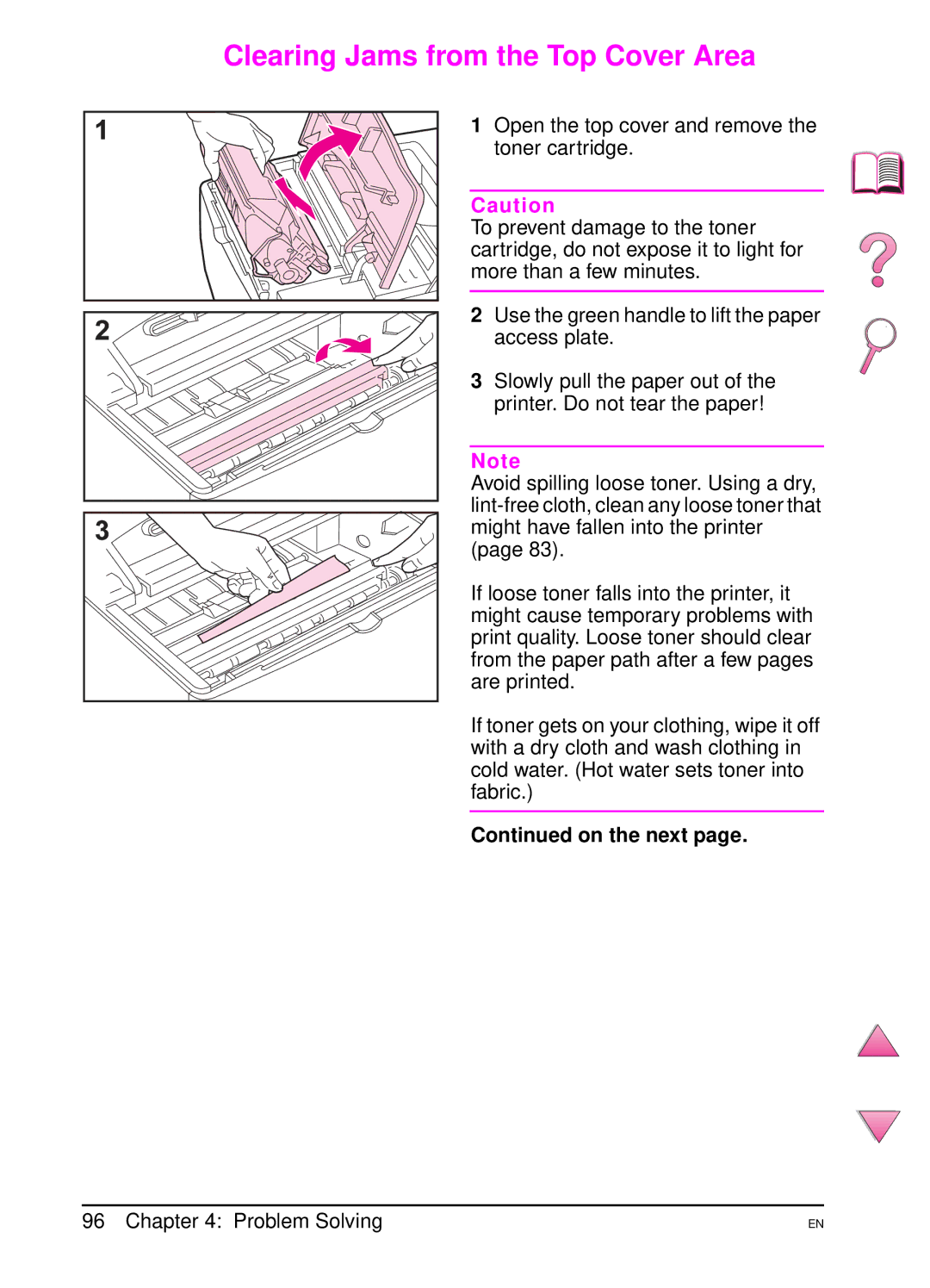 HP 4050 manual Clearing Jams from the Top Cover Area 