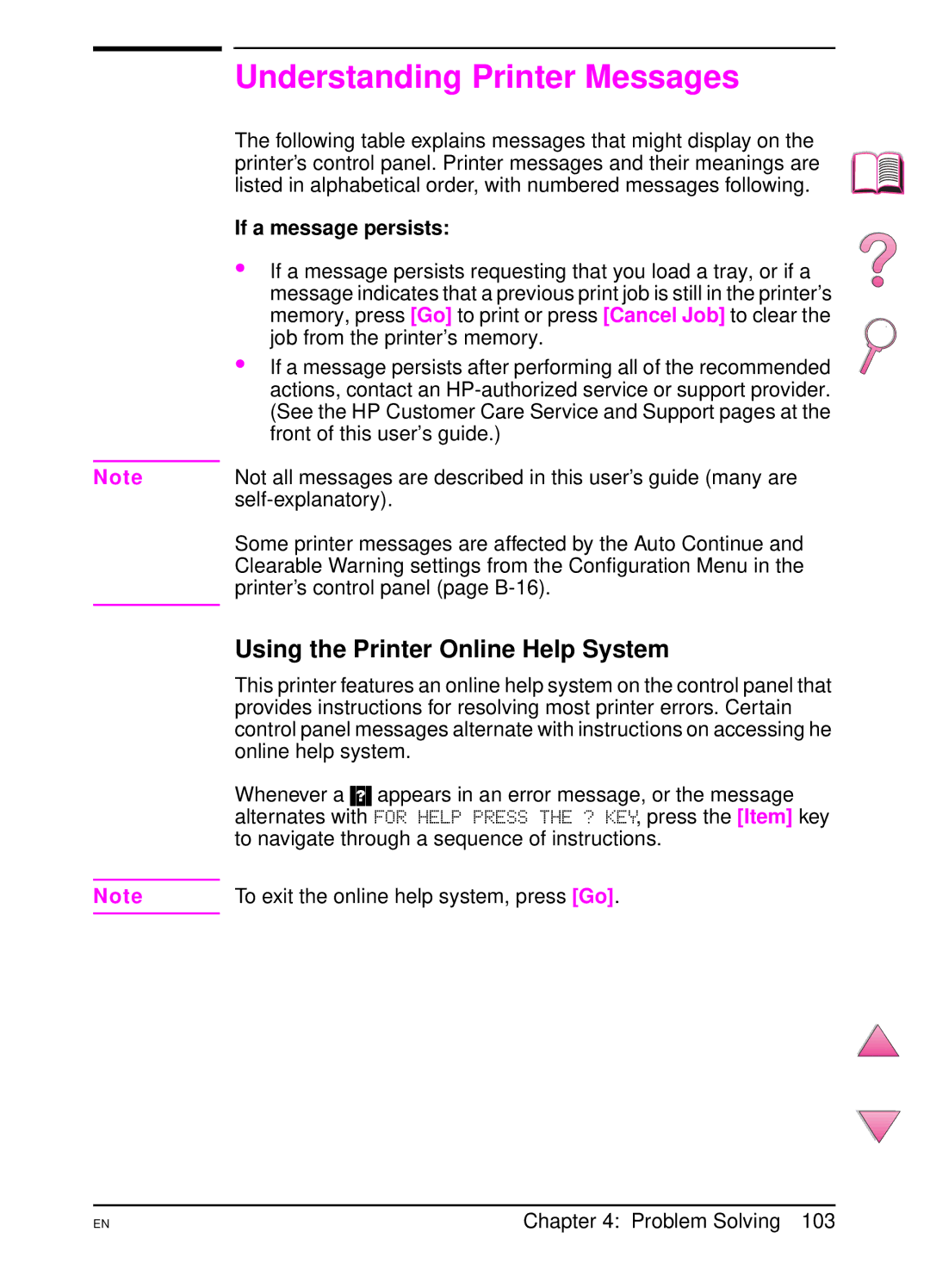 HP 4050 manual Understanding Printer Messages, Using the Printer Online Help System, If a message persists 