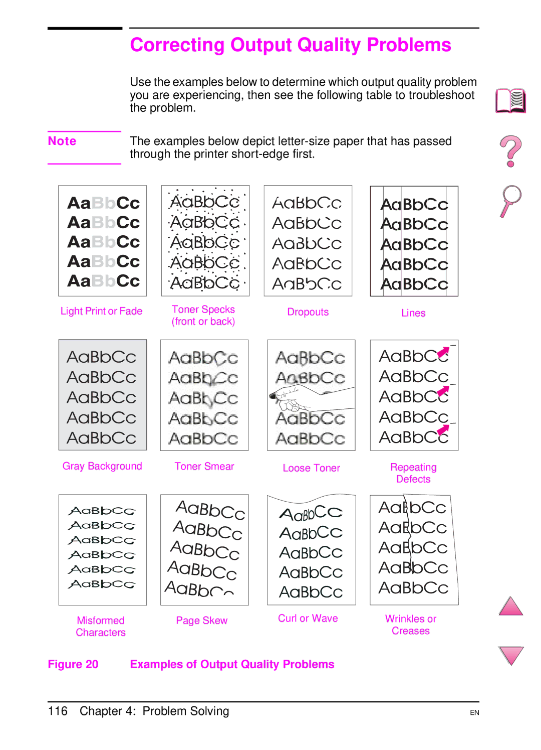 HP 4050 manual Correcting Output Quality Problems, Examples below depict letter-size paper that has passed 