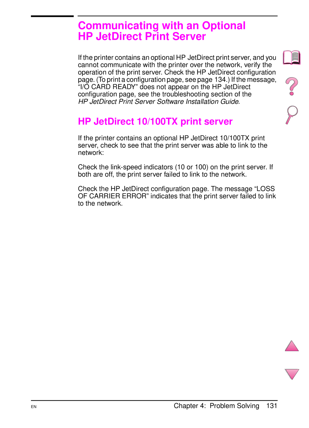 HP 4050 manual Communicating with an Optional HP JetDirect Print Server, HP JetDirect 10/100TX print server 