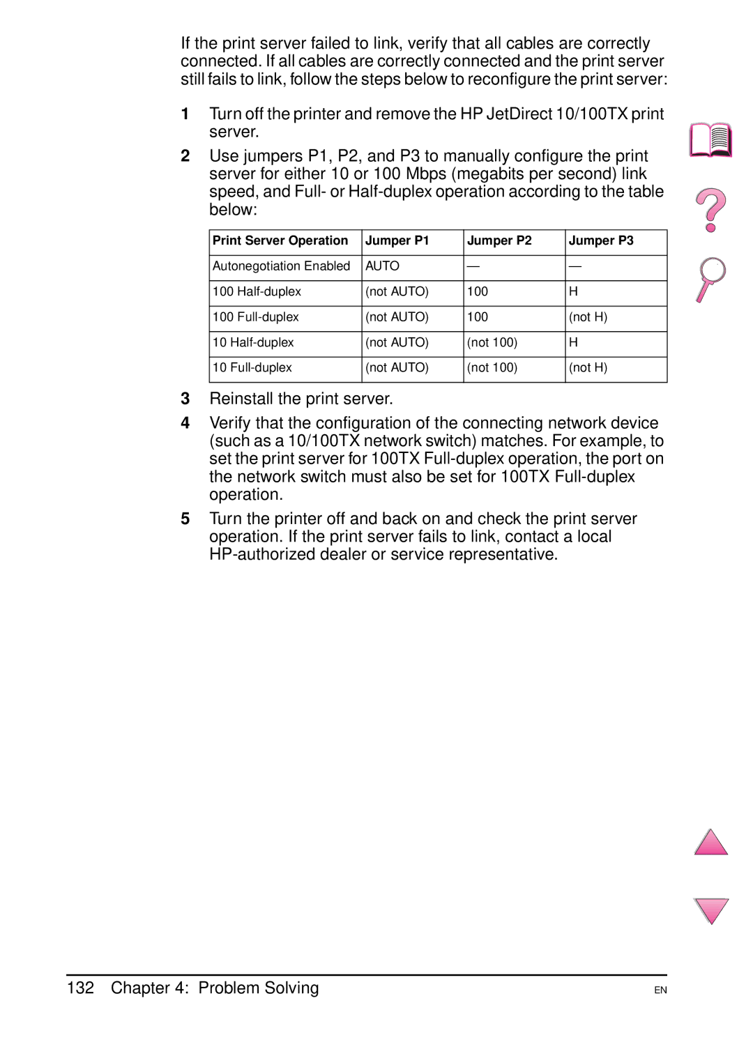 HP 4050 manual Print Server Operation Jumper P1 Jumper P2 Jumper P3 