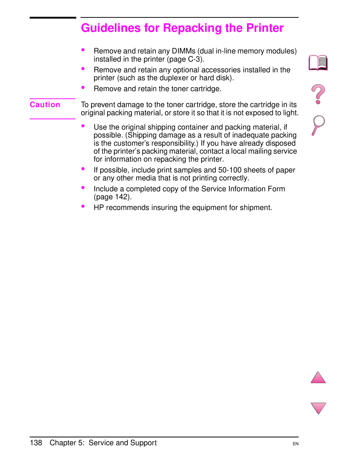 HP 4050 manual Guidelines for Repacking the Printer 