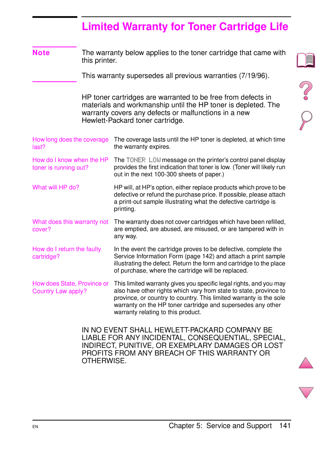 HP 4050 manual This printer, This warranty supersedes all previous warranties 7/19/96, Hewlett-Packard toner cartridge 