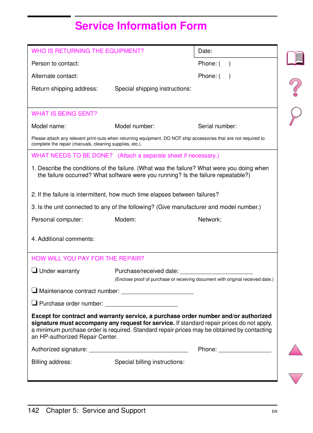 HP 4050 manual Service Information Form, Model name Model number Serial number, Under warranty Purchase/received date 