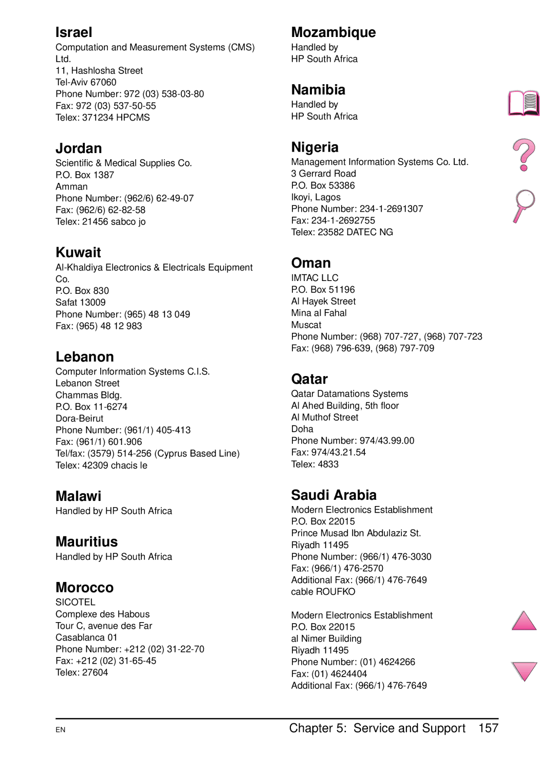 HP 4050 manual Israel, Jordan, Kuwait, Lebanon, Malawi, Mauritius, Morocco, Mozambique, Namibia, Nigeria, Oman, Qatar 