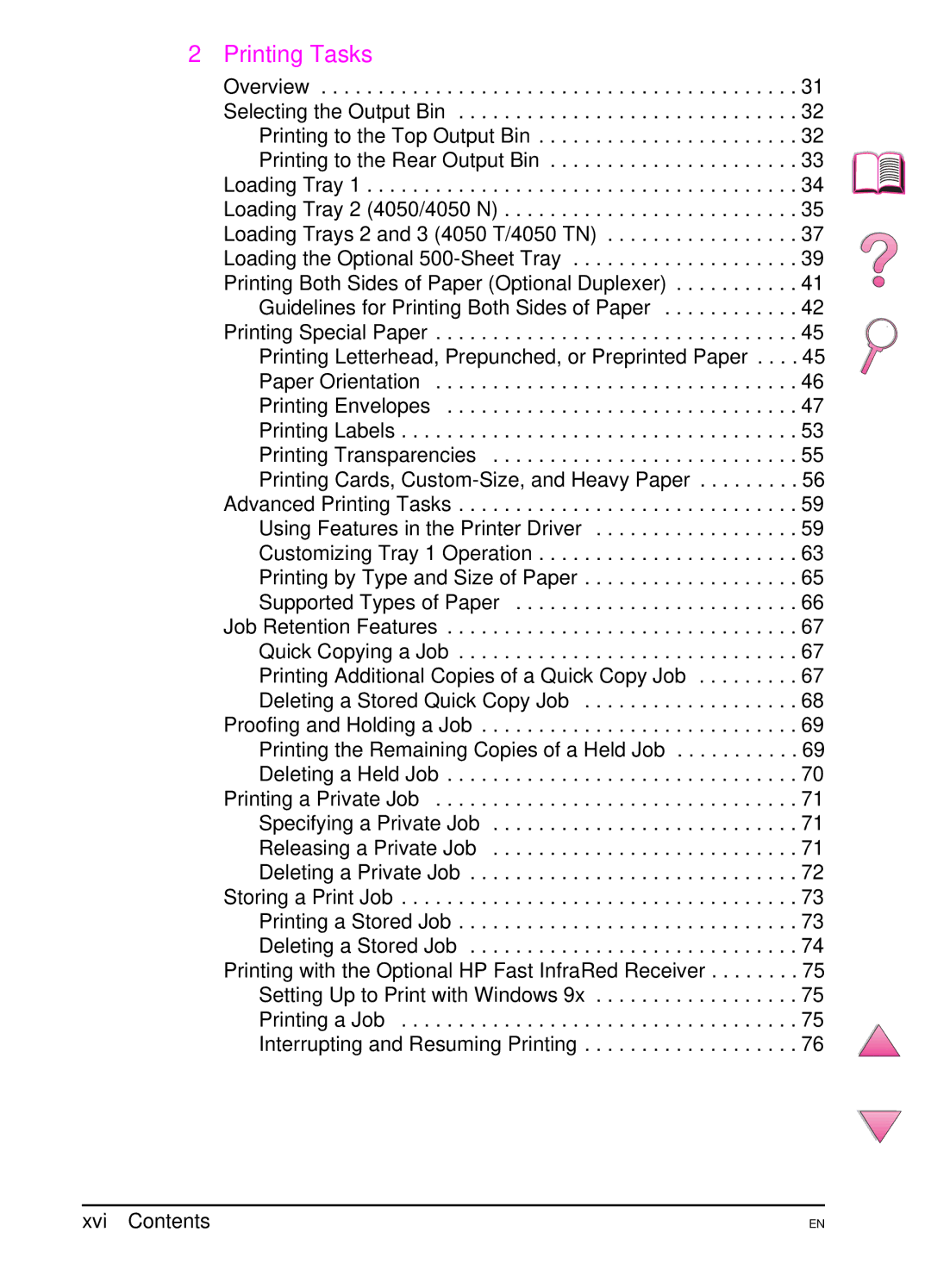 HP 4050 manual Printing Tasks, Xvi Contents 