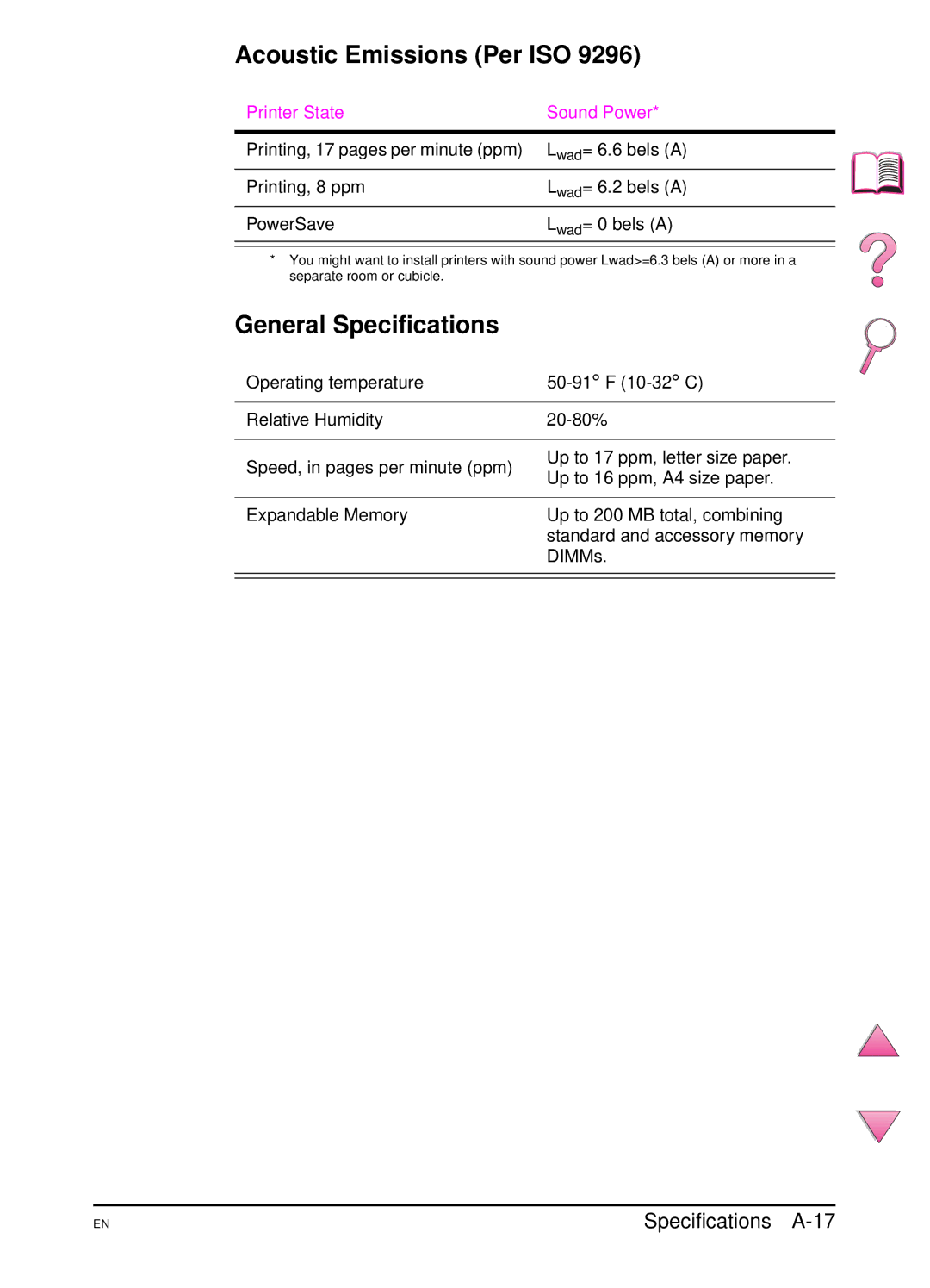 HP 4050 manual Acoustic Emissions Per ISO, General Specifications, Specifications A-17 