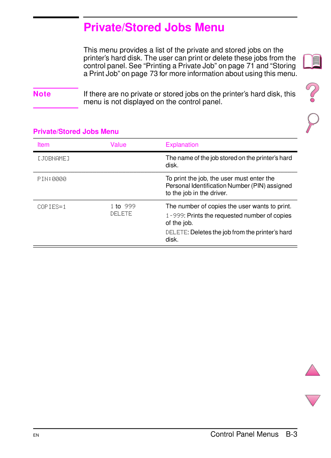 HP 4050 manual Private/Stored Jobs Menu, Control Panel Menus B-3 