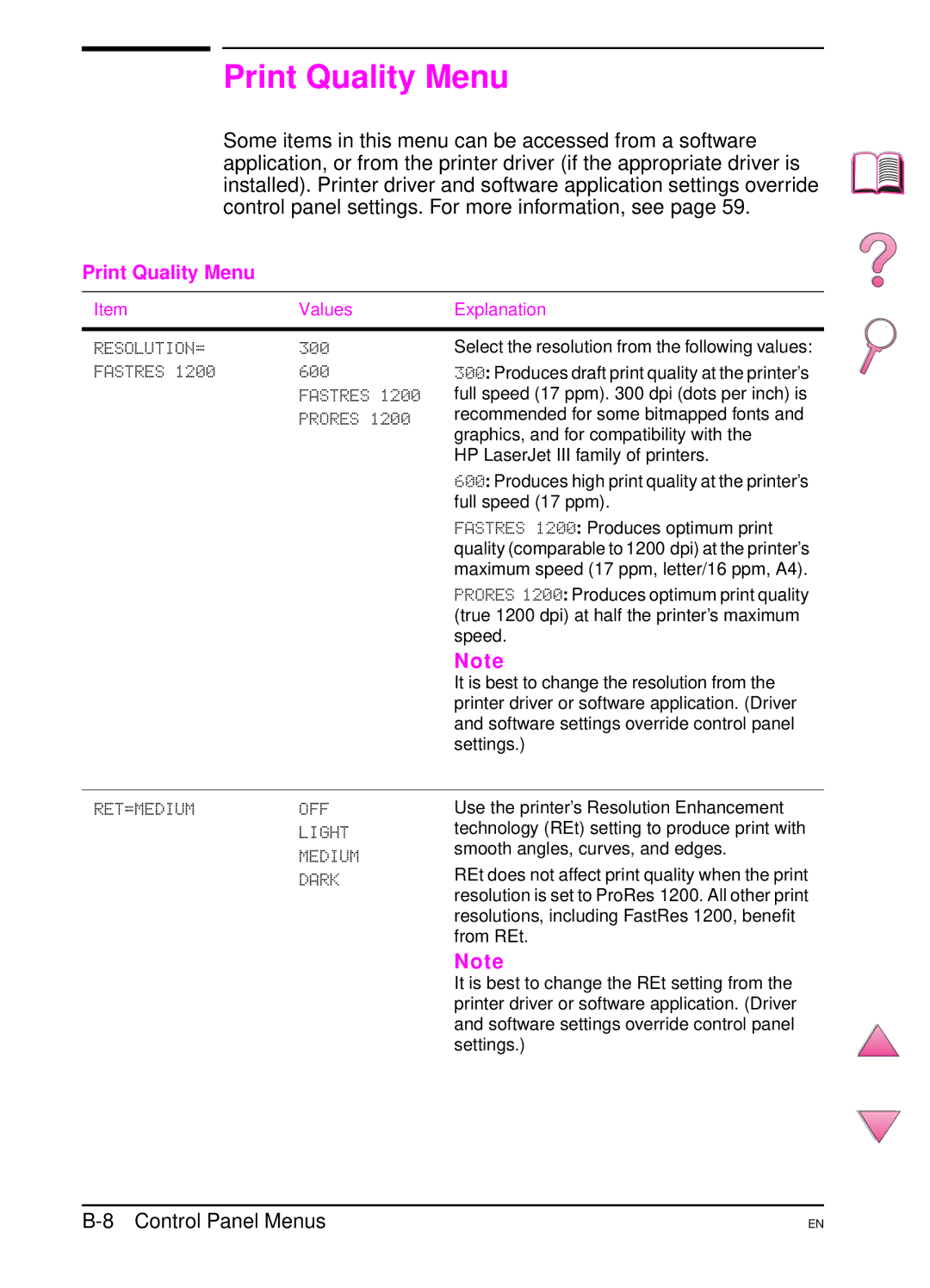 HP 4050 manual Print Quality Menu 