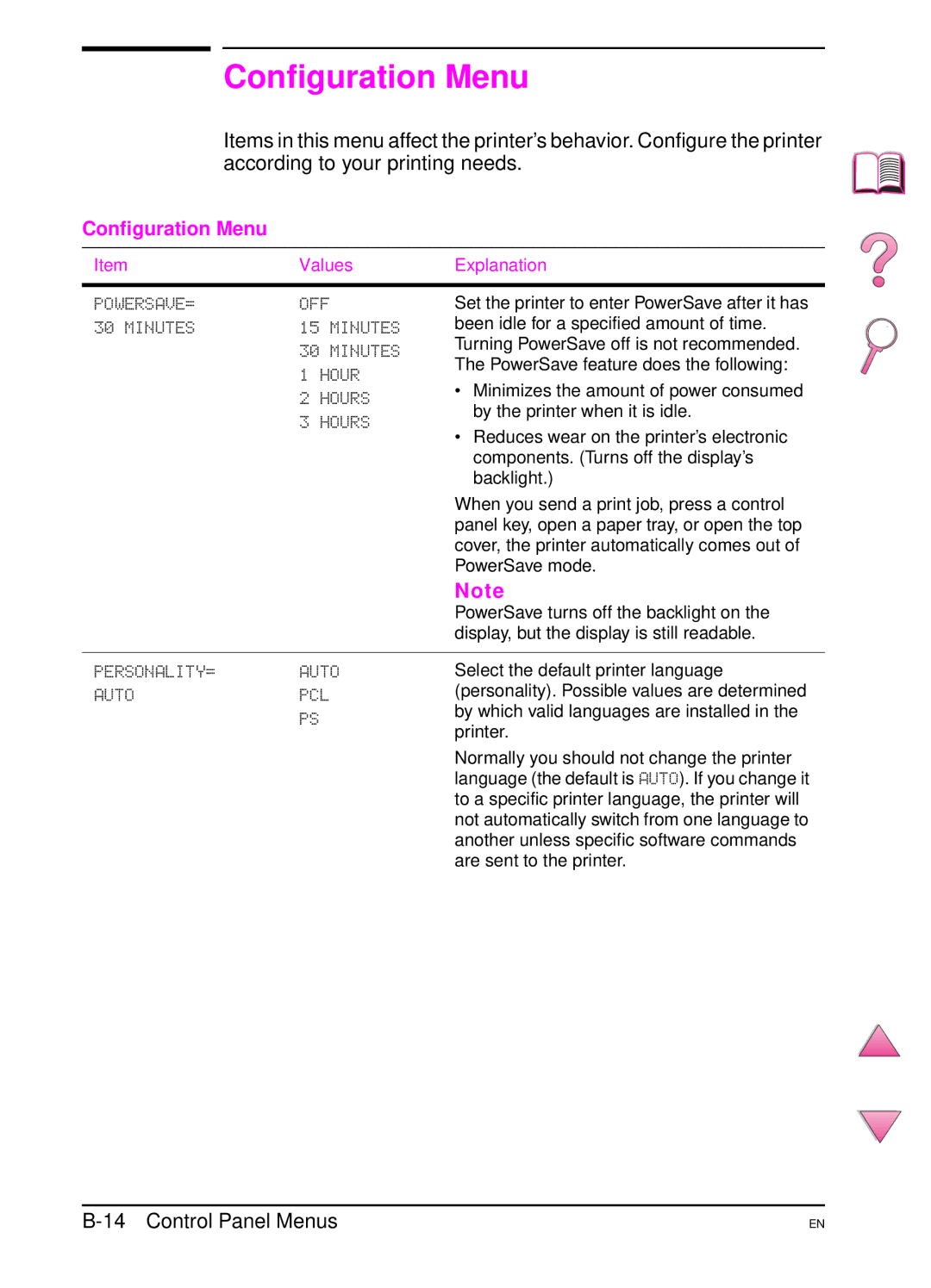 HP 4050 manual Configuration Menu 