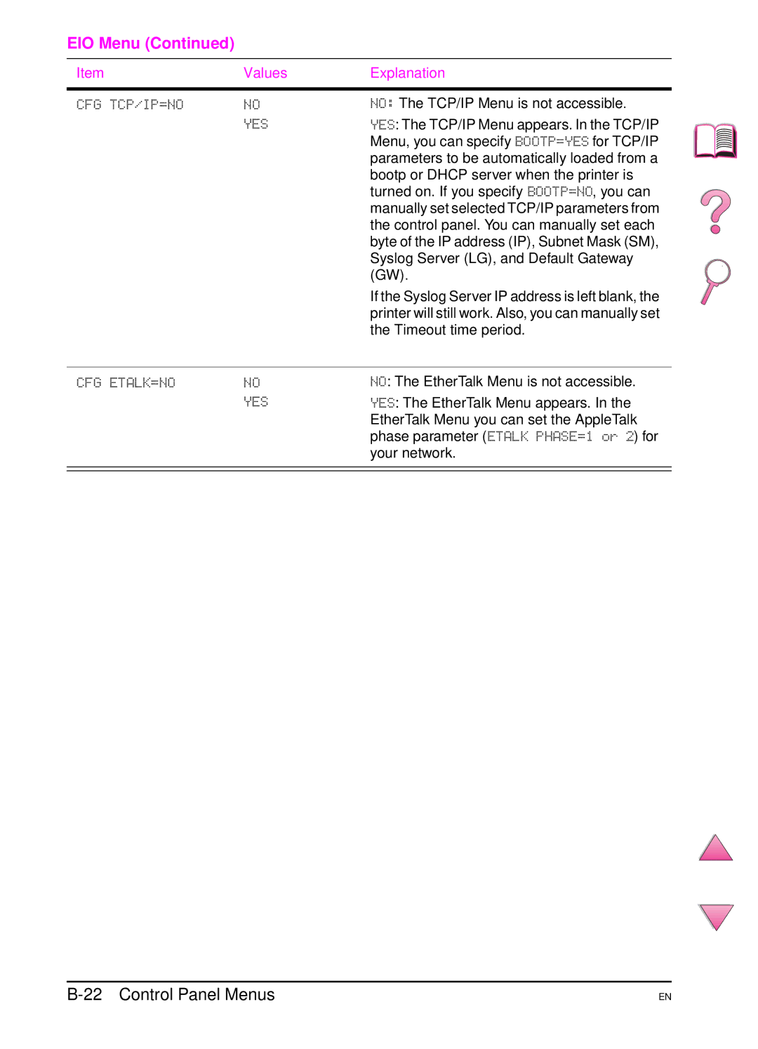 HP 4050 manual Cfg Tcp/Ip=No, Cfg Etalk=No 