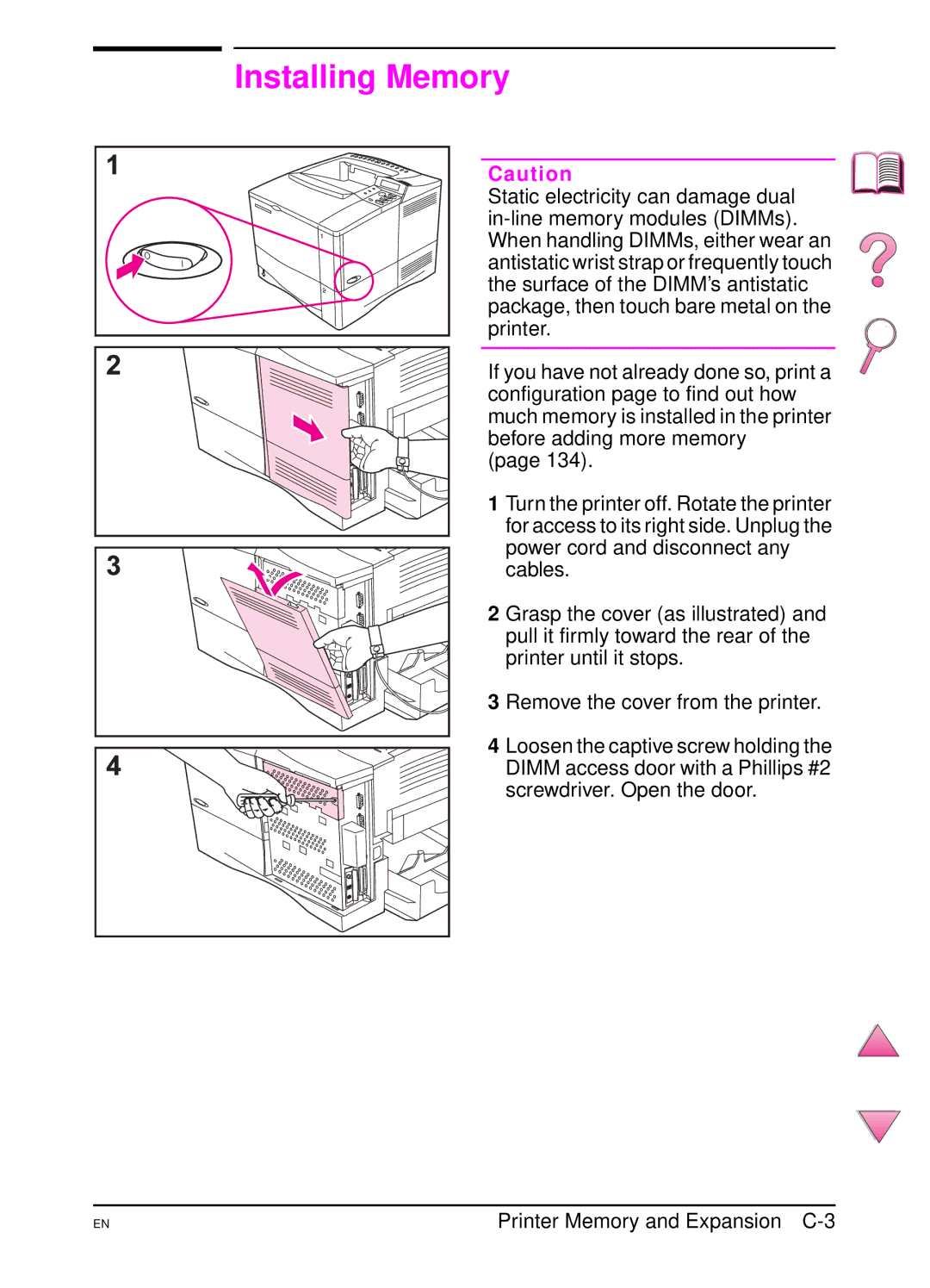 HP 4050 manual Installing Memory, Printer Memory and Expansion C-3 