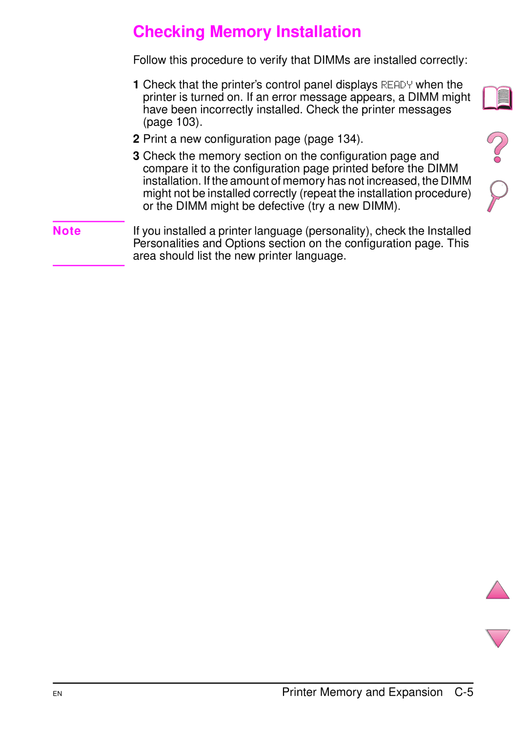 HP 4050 manual Checking Memory Installation, Area should list the new printer language, Printer Memory and Expansion C-5 