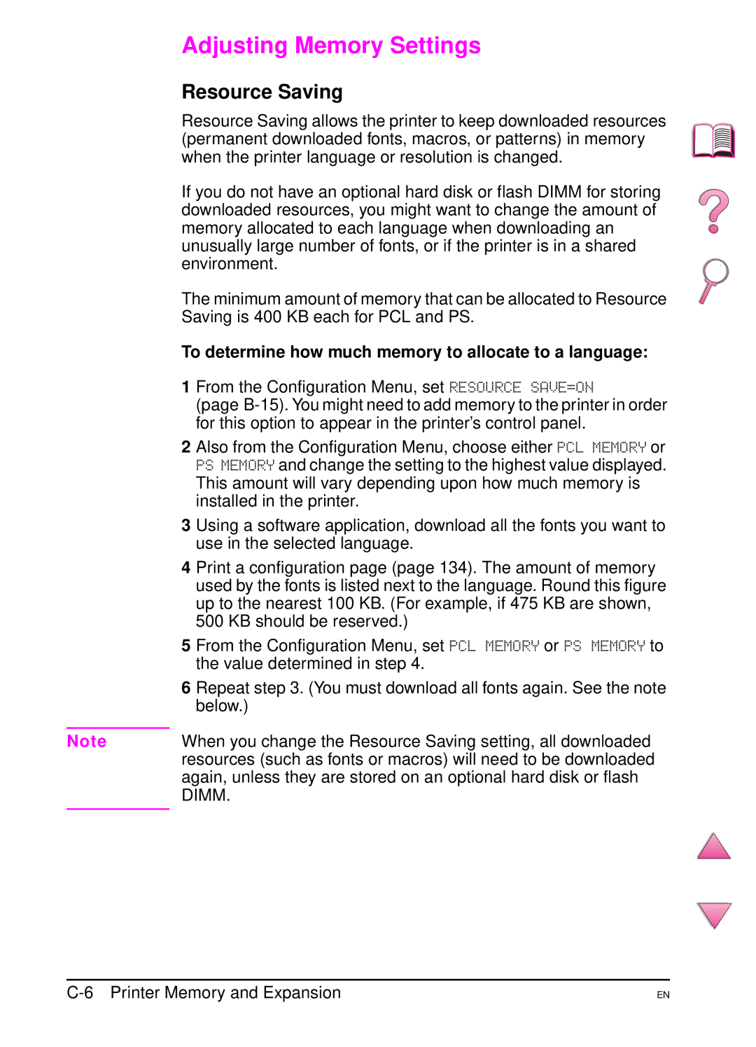 HP 4050 manual Adjusting Memory Settings, Resource Saving 