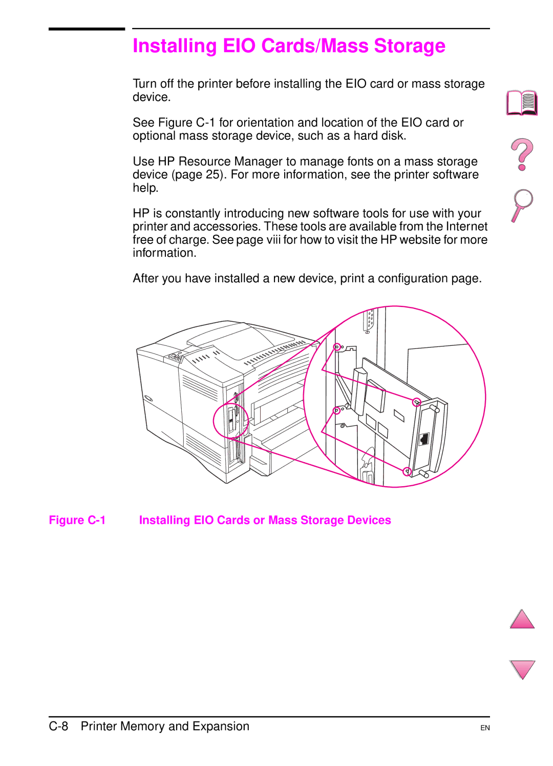 HP 4050 manual Installing EIO Cards/Mass Storage, Figure C-1 Installing EIO Cards or Mass Storage Devices 