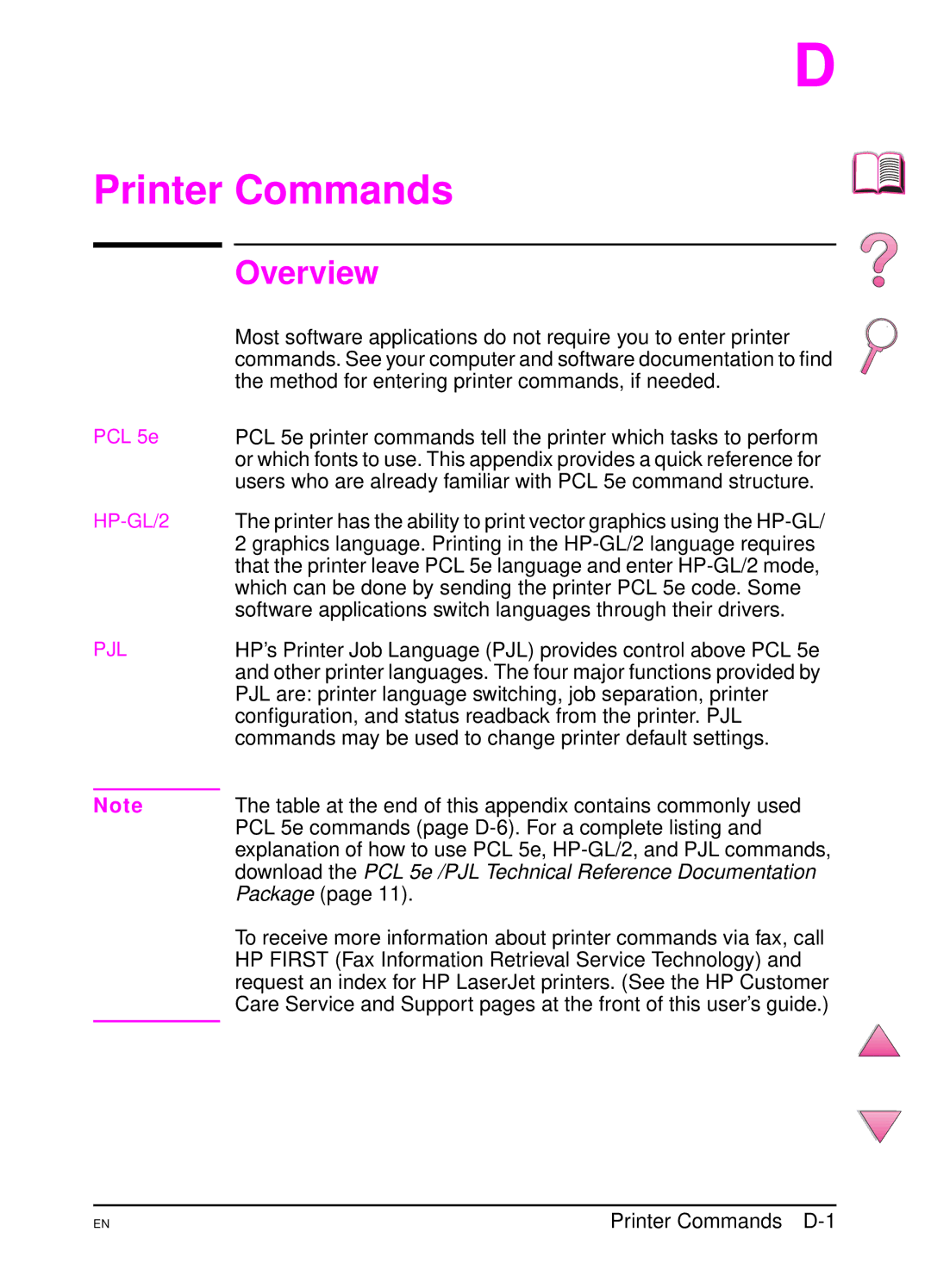 HP 4050 manual Printer Commands D-1 