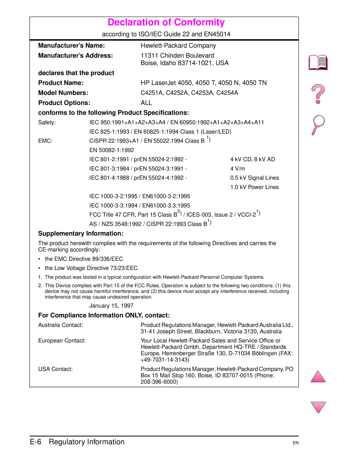 HP 4050 manual According to ISO/IEC Guide 22 and EN45014, Hewlett-Packard Company, Chinden Boulevard 